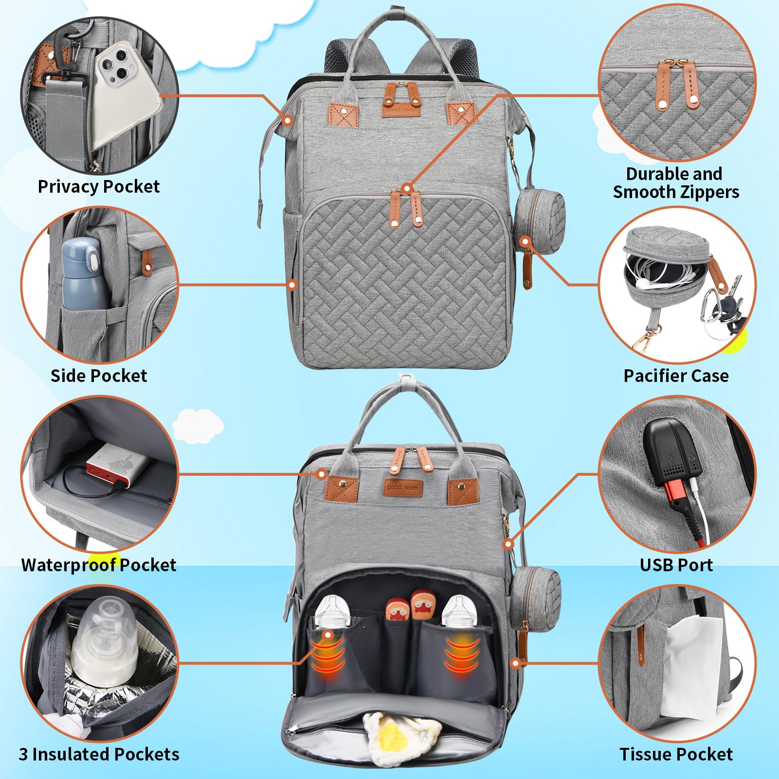**Multifunctional Waterproof Diaper Backpack with Changing Station & USB Charging Port - Perfect Baby Shower Gift for Boys & Girls (Gray) - Ideal for Travel, Outings & Parenting Essentials**