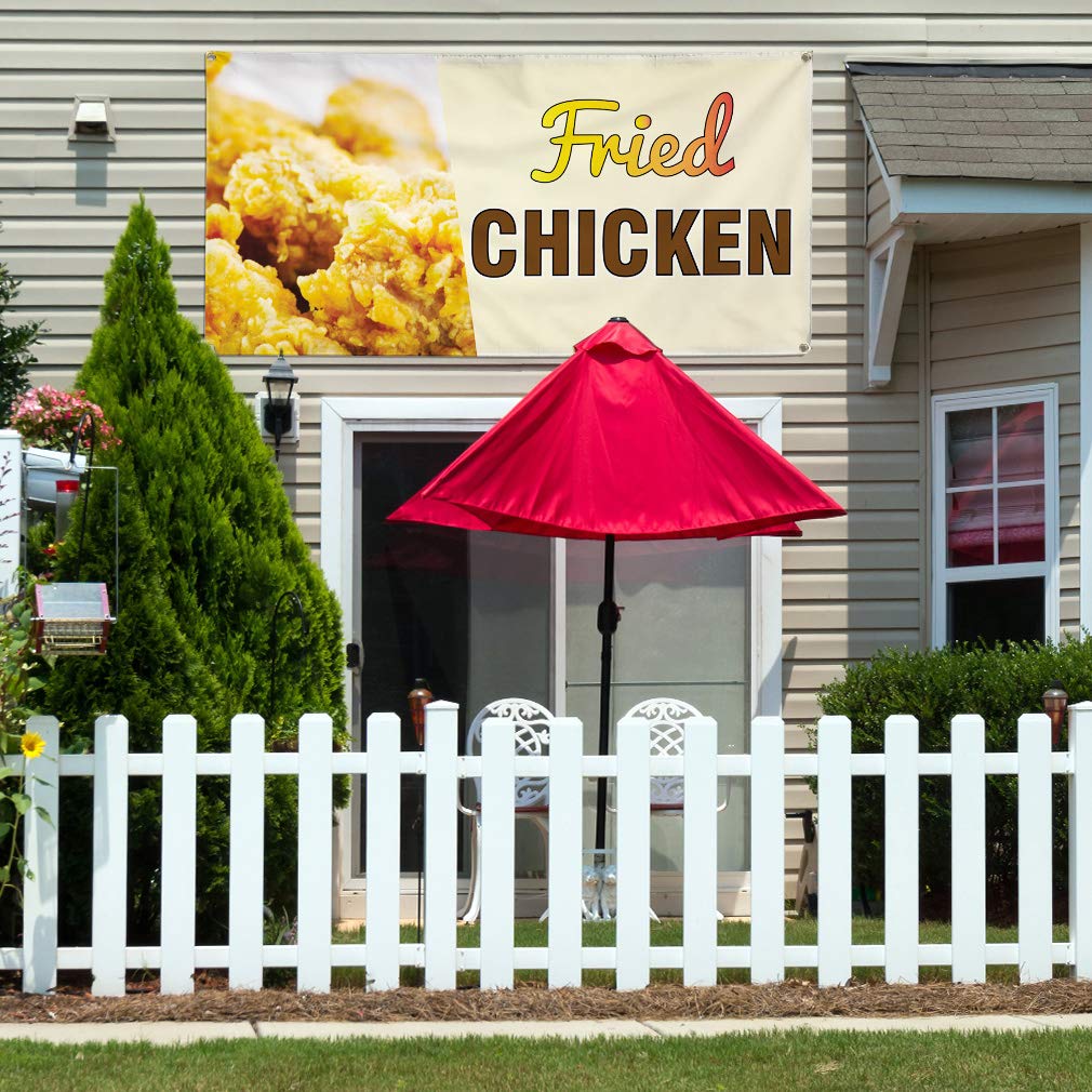 Custom Printed Vinyl Banners for Outdoor Advertising - Weatherproof Fried Chicken Restaurant Sign with 8 Grommets (48x96 Inches, Yellow) - Perfect for Food Trucks, Yard Sales & Business Promotion