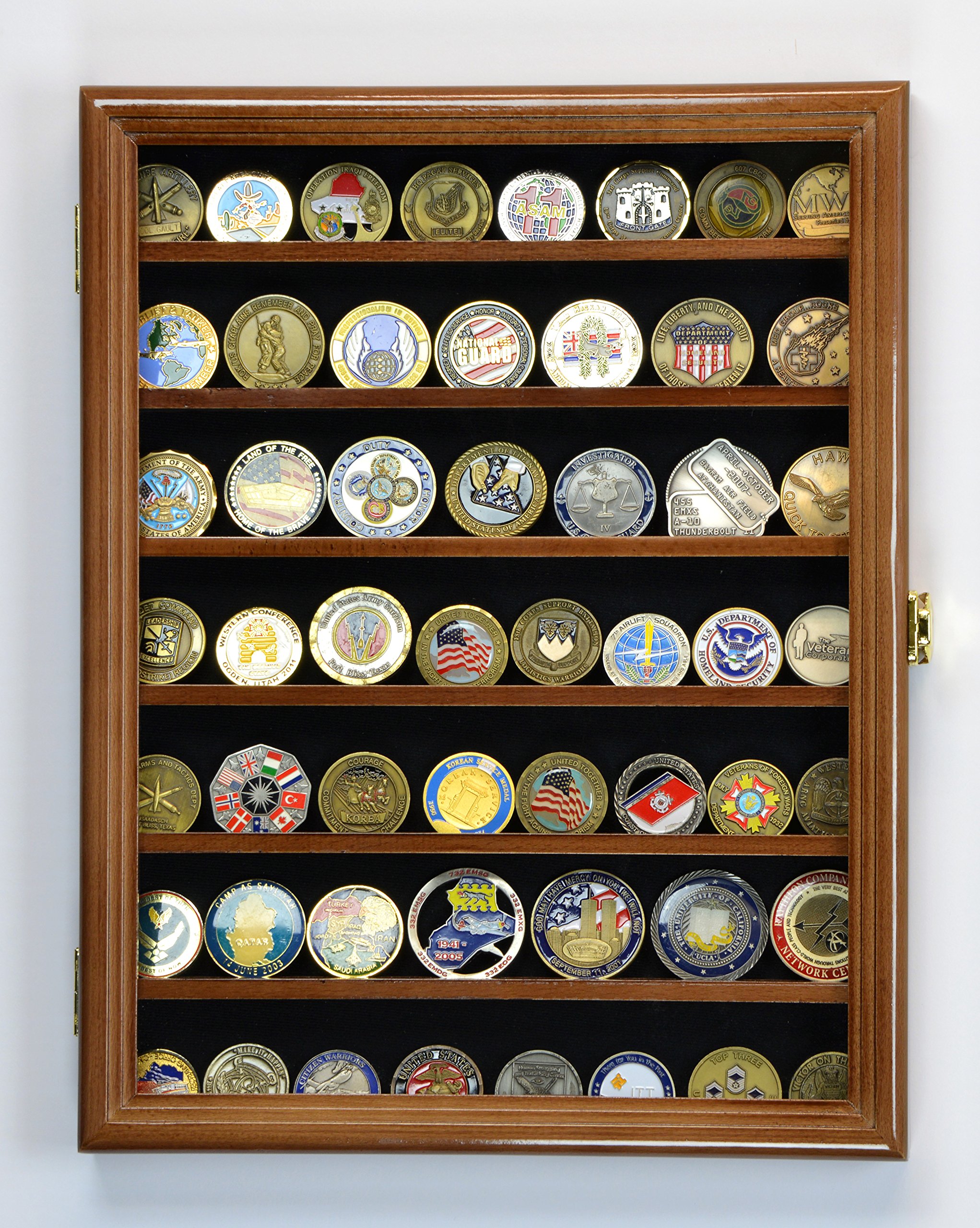 Military Challenge Coin Display Case with UV Protection - Walnut Wood Cabinet for Collectors, Veterans & Enthusiasts | Perfect for Home, Office & Military Memorabilia Showcase