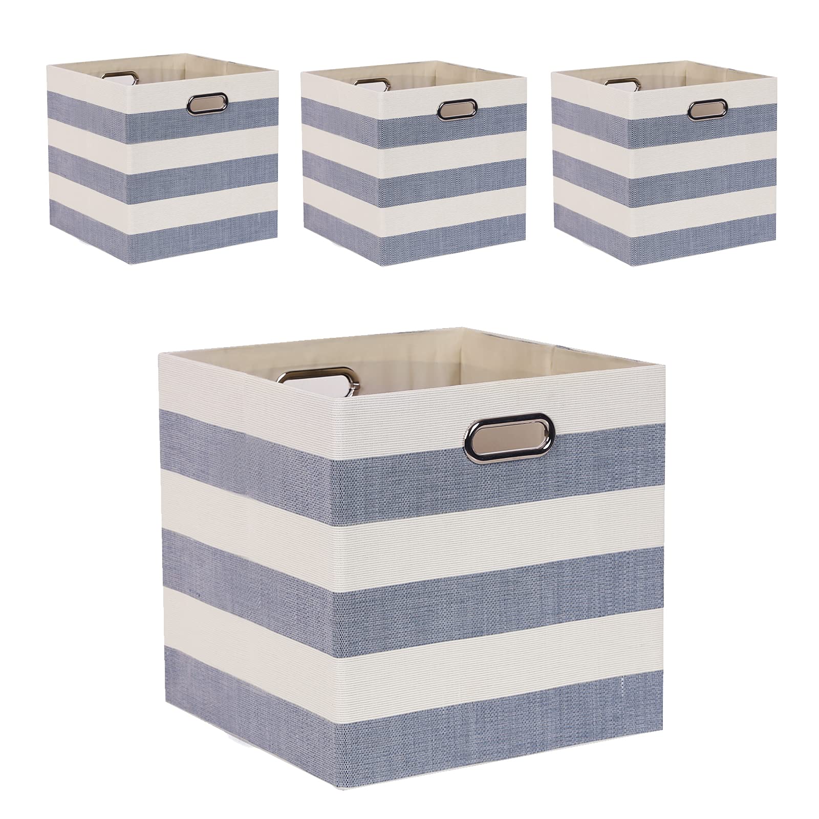 Foldable Fabric Cube Storage Bins 13x13 Inches with Handles - Set of 4 Collapsible Organization Baskets for Closet, Shelf, Cabinet & Bookcase - Large Capacity Drawer Organizers for Bedroom, Office & Kids Room - Grey-White Stripes (Perfect for Toy Storage, Laundry Sorting & Home Organization)