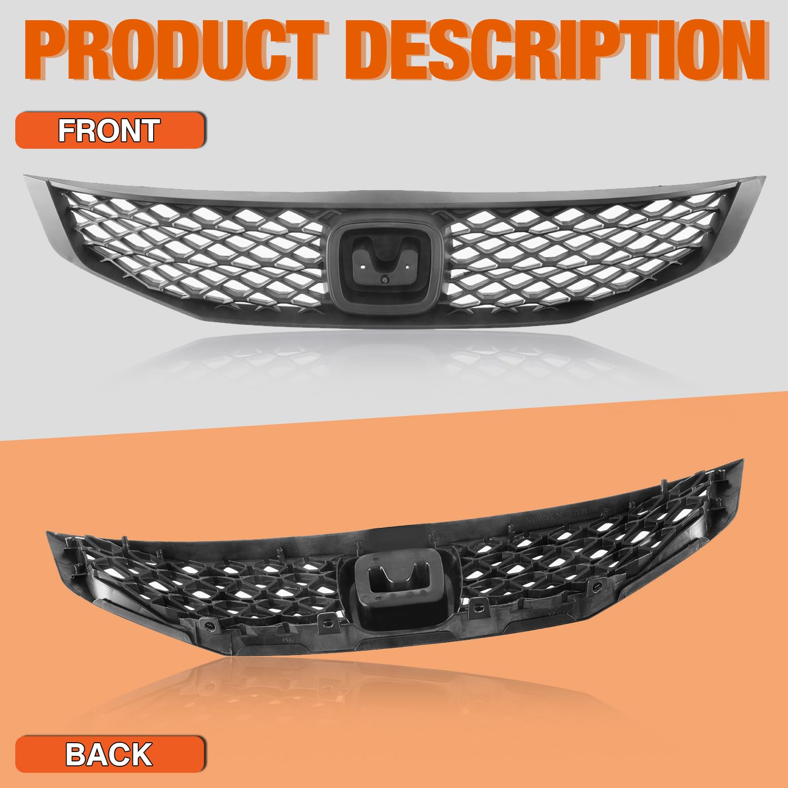 2010-2011 Honda Civic Coupe Front Black Grille with Emblem Insert | Replacement Car Part HO1200199 | Perfect for Custom Upgrades & Car Restoration Projects