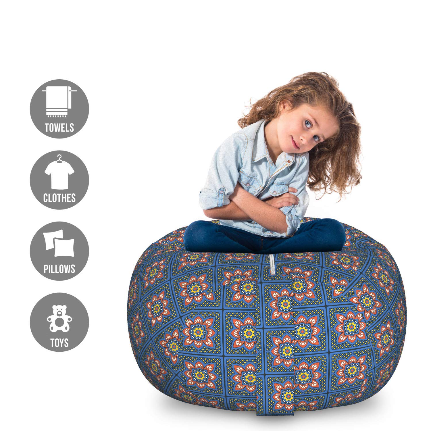 Ambesonne Boho Storage Toy Bag Chair - Large Washable Stuffed Animal Organizer with Talavera Inspired Squares, Dots & Floral Design in Coral & Dark Sky Blue - Perfect for Kids' Room, Nursery, or Playroom Organization