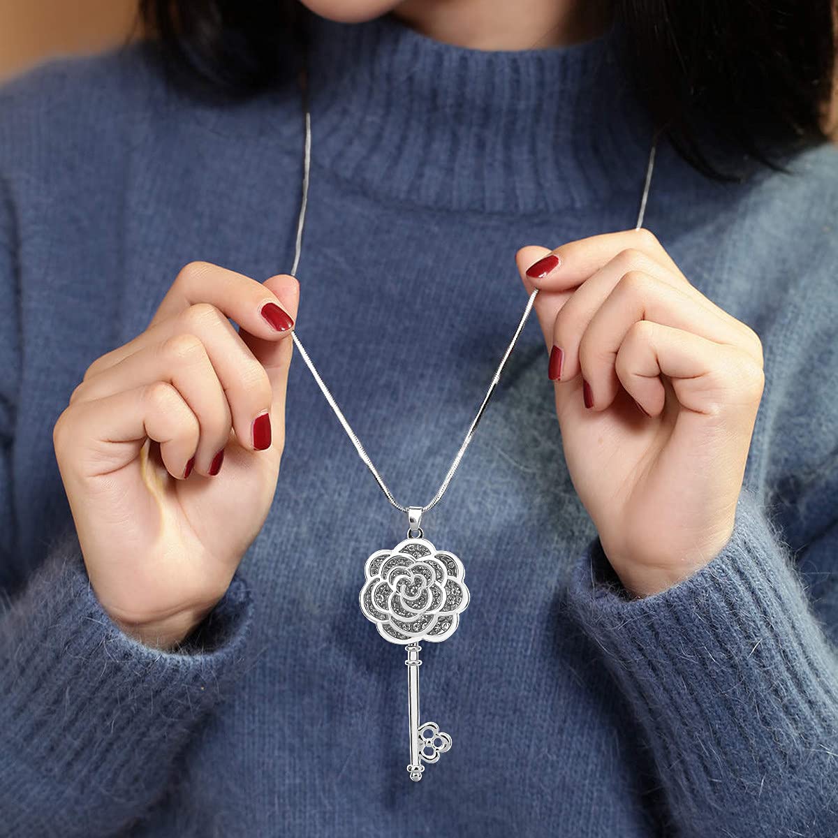 Long Sweater Pendant Necklaces for Women - Multi-Layer Y Necklace with Rose Flower Key Charm in Silvertone | Fashion Jewelry for Everyday Wear & Special Occasions