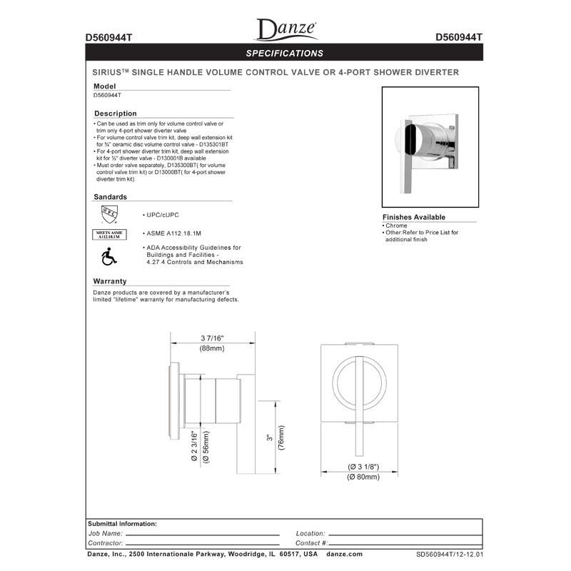 Danze Sirius Brushed Nickel Single Handle Volume Control 4-Port Shower Diverter Valve with Rough-In Kit - Perfect for Bathroom Remodeling and Multi-Function Shower Systems