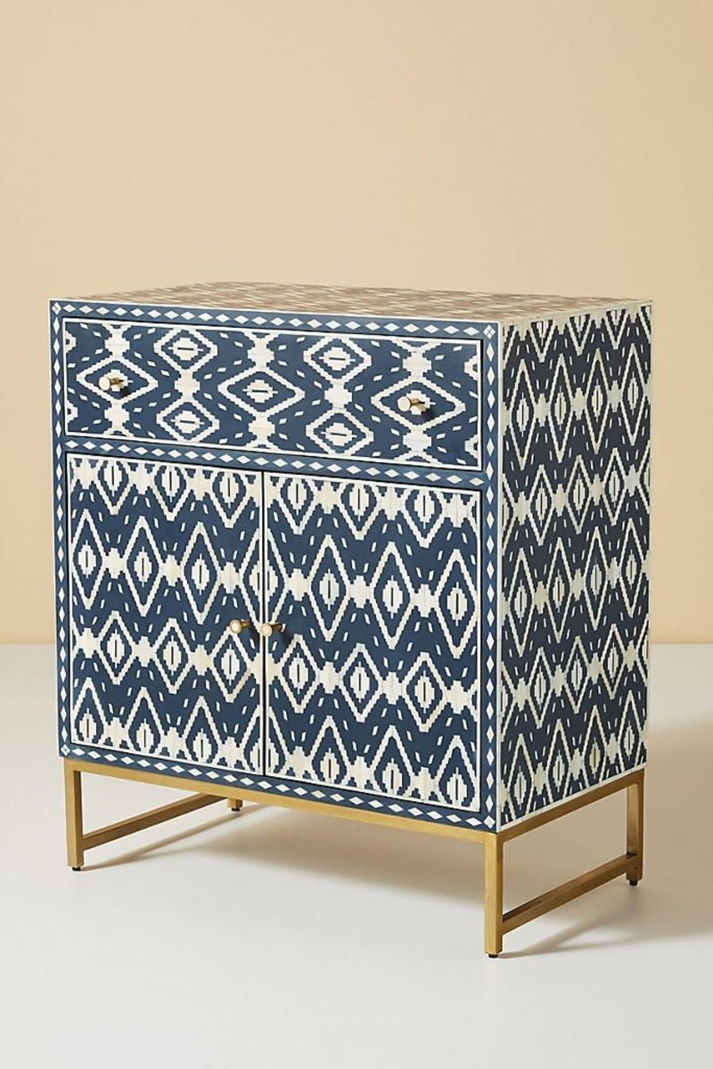 Handmade Blue Bone Inlay Entryway Cabinet - Ikat Design Wooden Console Table for Hallway & Living Room Decor | Perfect for Home Entry Storage & Stylish Display