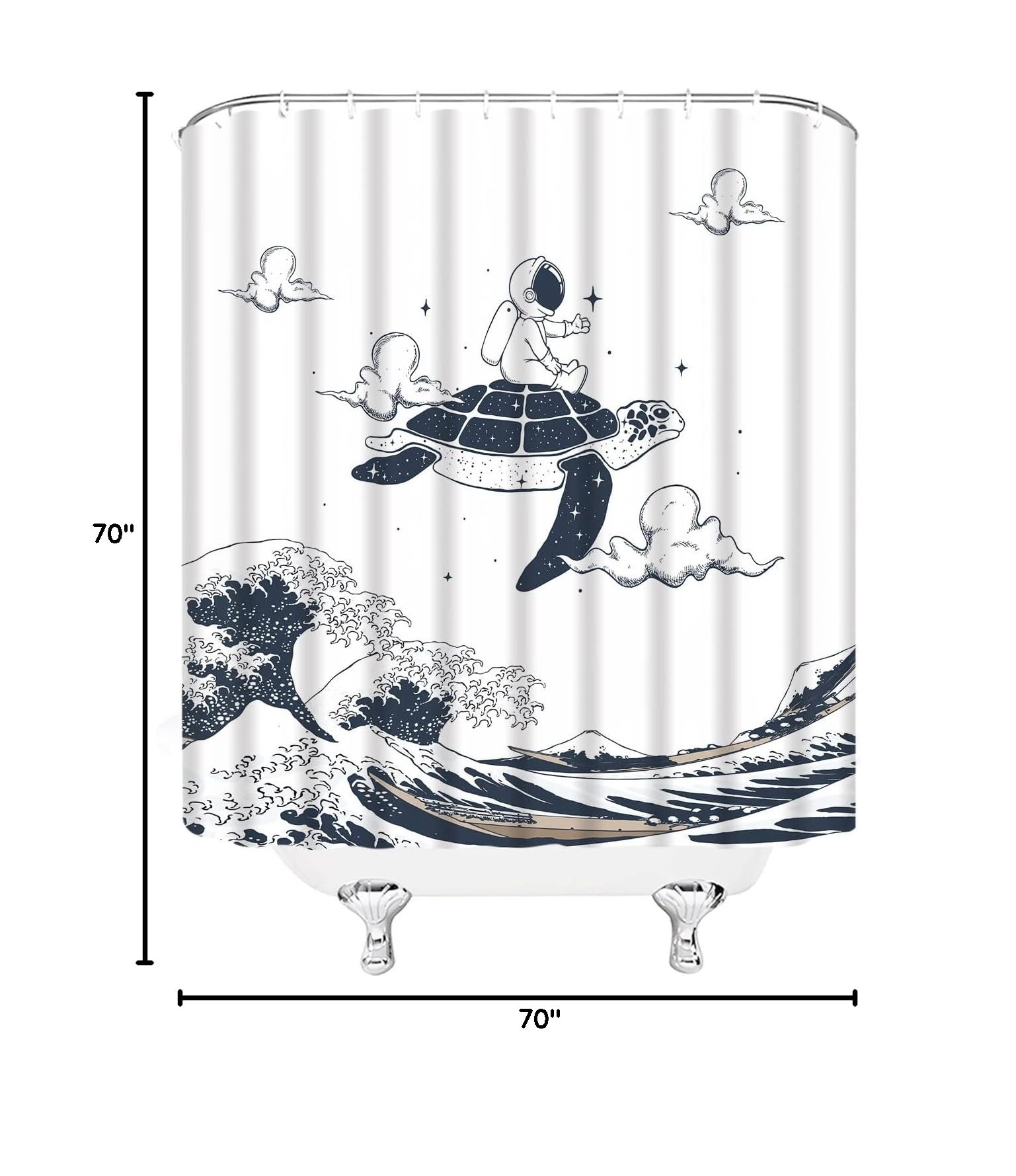 Funny Astronaut Turtle Japanese Ocean Wave Shower Curtain - Waterproof Polyester Fabric Bathroom Decor with Hooks 70x70 Inch - Perfect for Kids' Bathroom, Beach Theme Decor & Unique Gift Idea