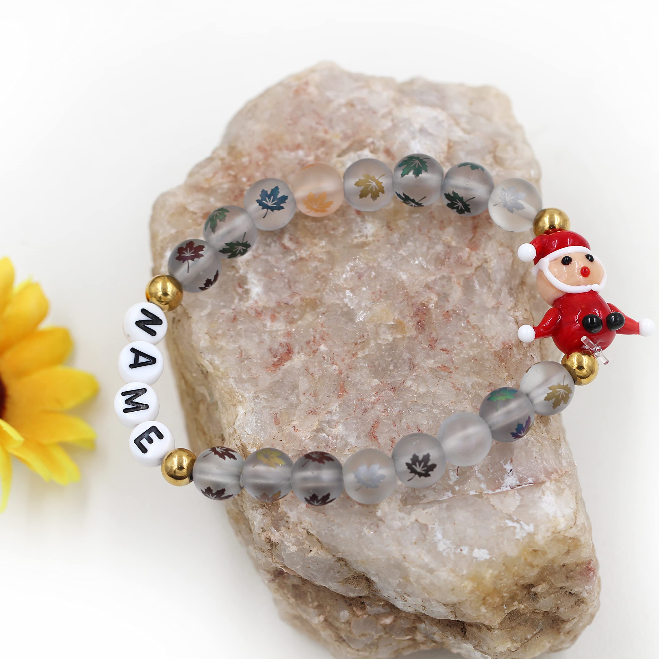 Personalized Name Custom Letter Bead Bracelet - Matte Maple & Lampwork Glass Beads - Christmas Gift for Her - Santa Claus Design - Perfect for Holiday Parties & Stocking Stuffers