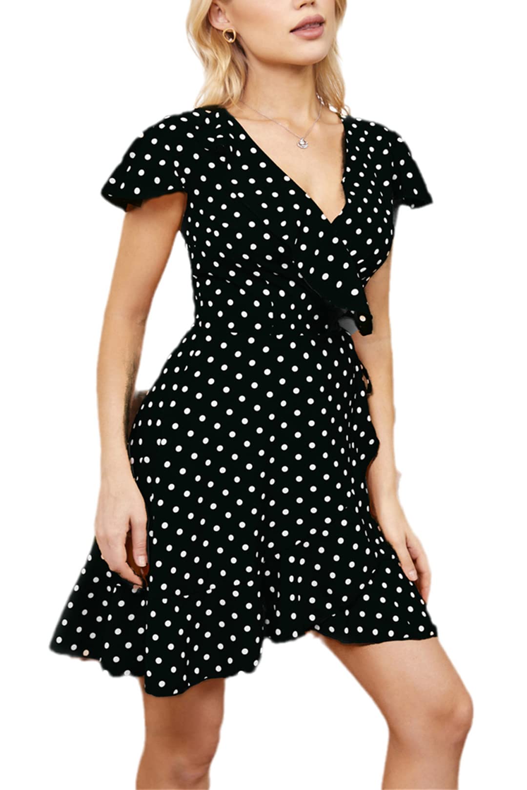 Women's V-Neck Short Sleeve Flowy Ruffle Mini Dress - Casual Polka Dot Beach Wrap Dress in Black | Perfect for Summer Vacations, Pool Parties & Date Nights