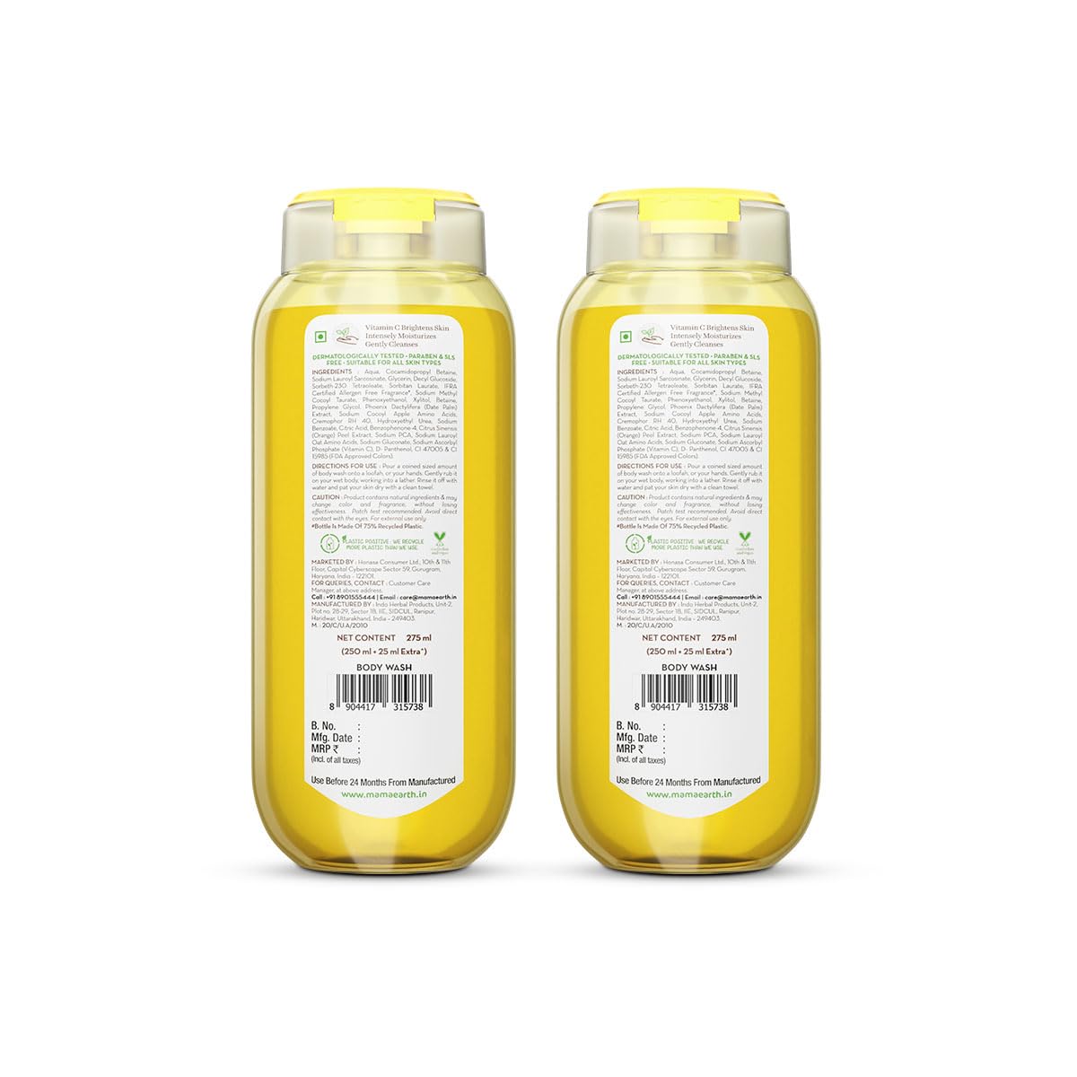Mamaearth Vitamin C Moisturizing Body Wash with Lemon Scent - 9.3oz (275ml) | Deep Cleansing & Hydrating | Brightens Skin | Long-Lasting Fragrance | For All Skin Types | Pack of 2 | Perfect for Daily Shower & Spa Day at Home