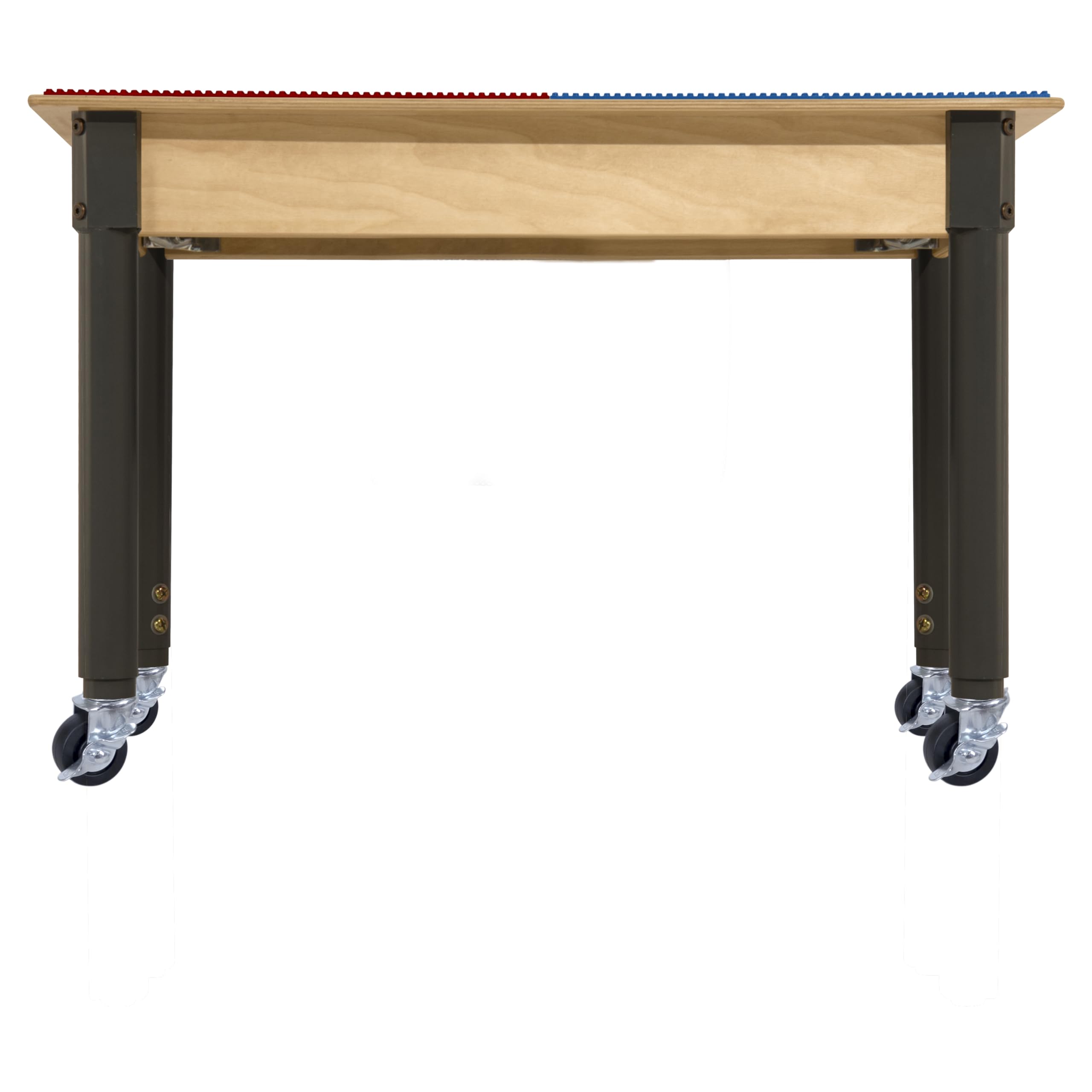 Montessori Lego Compatible Kids Play Table - 35” x 31” Adjustable Height Building Blocks Activity Table with Storage Trough | Solid Birch Plywood Surface | Red & Blue Design for Toddlers 18-29