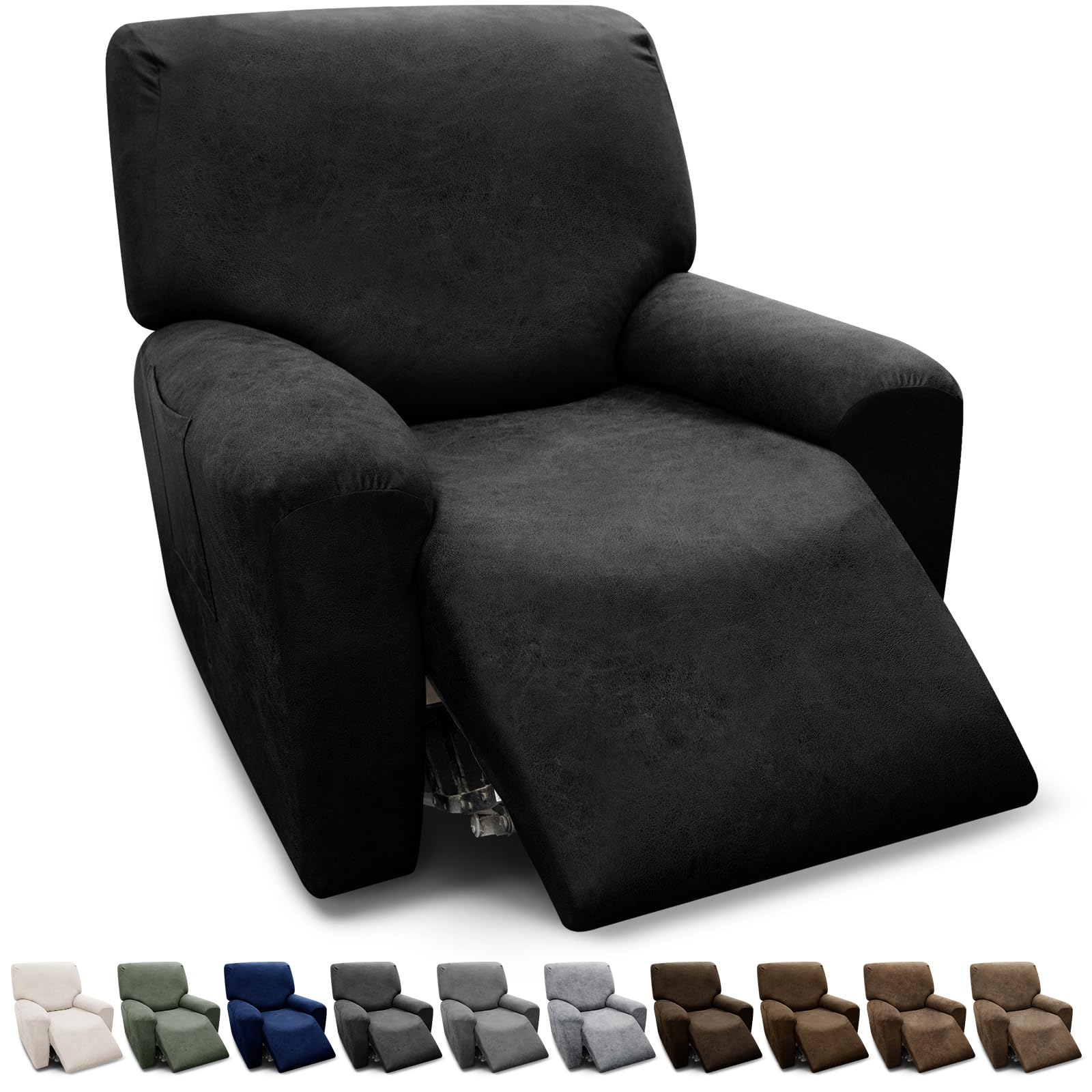 Recliner Chair Covers 4-Piece Set - Black Leather Look with Pockets for Living Room