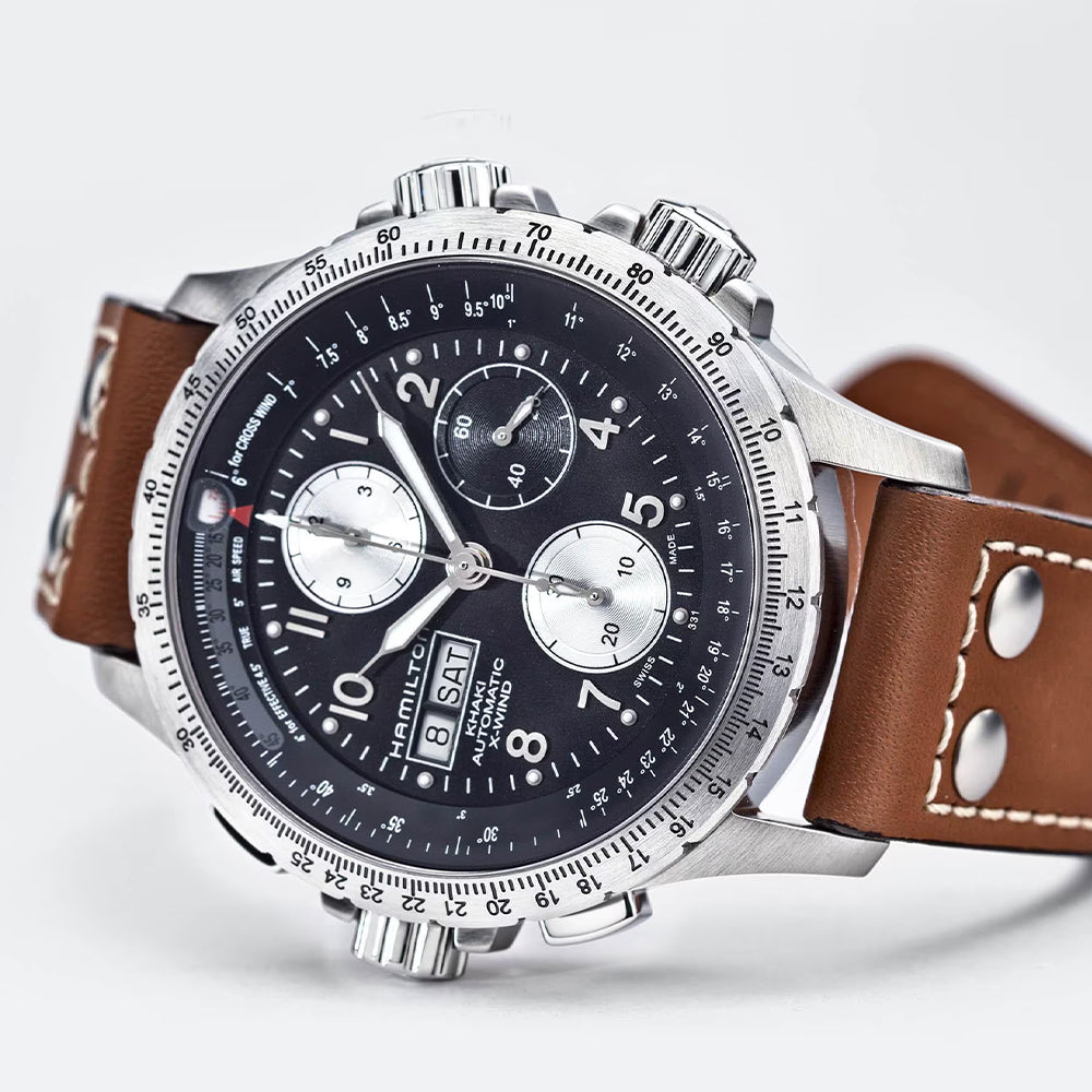 Khaki Aviation X Wind Automatic Chronograph Watch 44mm - Black Dial with Leather Strap for Men | Pilot & Casual Wear | Perfect for Aviation Enthusiasts & Everyday Use