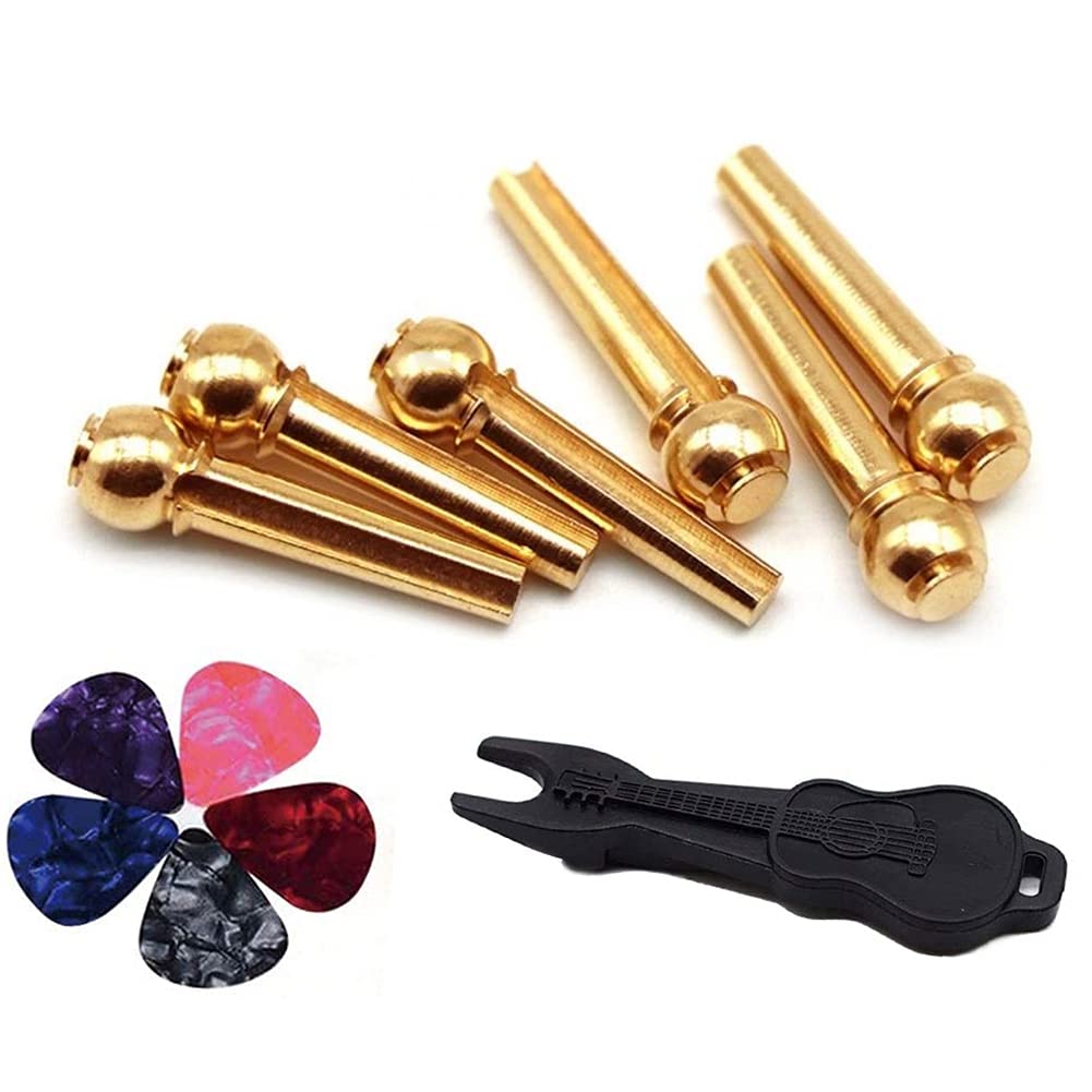 Alnicov 6-Piece Brass Guitar Bridge Pins & Endpin Set with Bridge Pin Puller - Includes 5 Guitar Picks for Acoustic 6-String Guitars - Perfect for Guitar Maintenance, Repair, and String Replacement