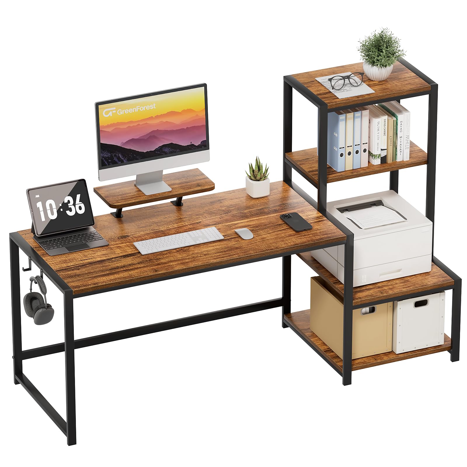GreenForest 58 Inch Computer Desk with Printer Shelf & Monitor Stand - Reversible Office Desk with 2 Hooks, Sturdy Home Workstation for Study, Writing, Working & Gaming - Perfect for Small Spaces & Home Offices (Brown)