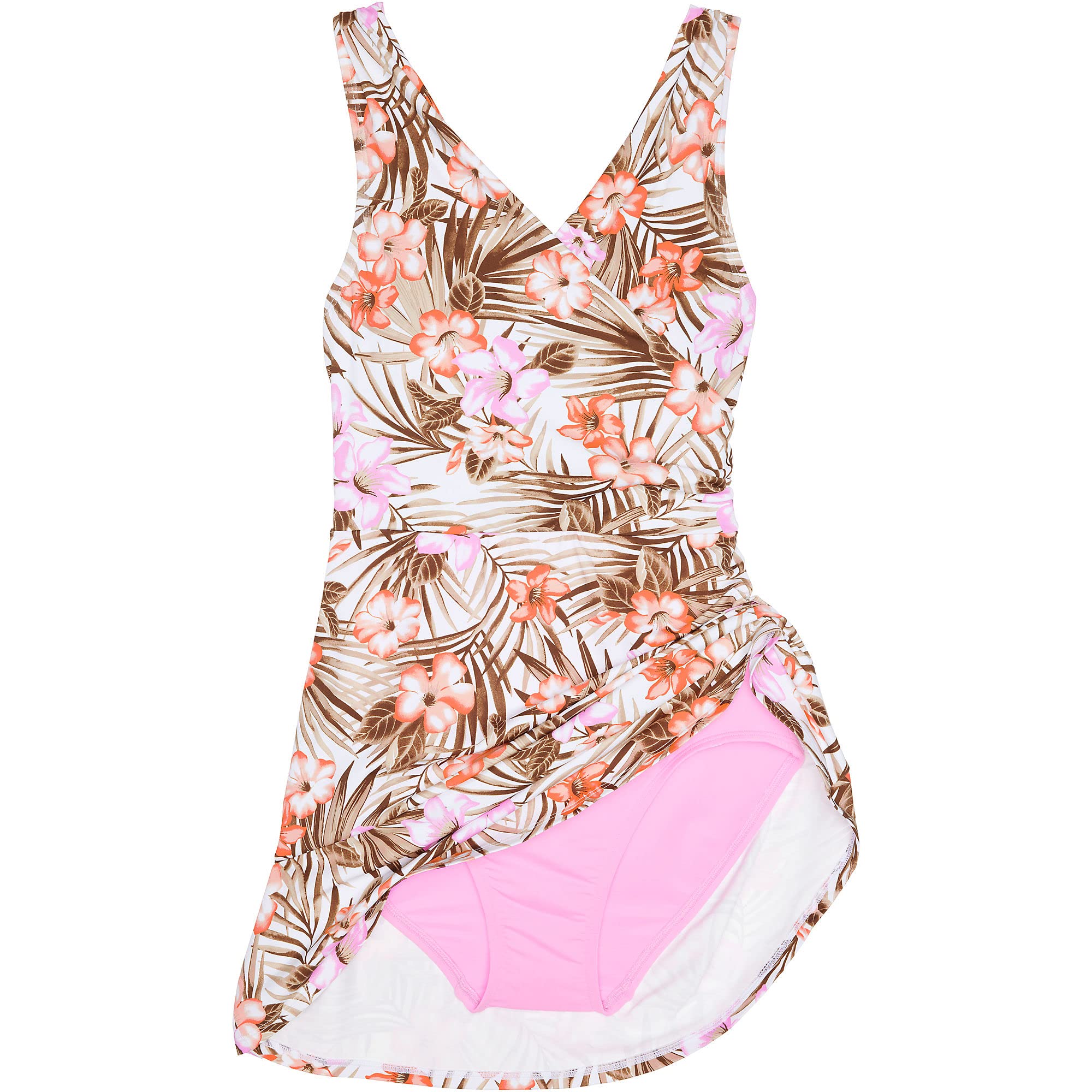 Lands' End Women's Chlorine Resistant Surplice Swim Dress - Control White Tropic Palm - Size 8 - Perfect for Beach Vacations & Poolside Relaxation