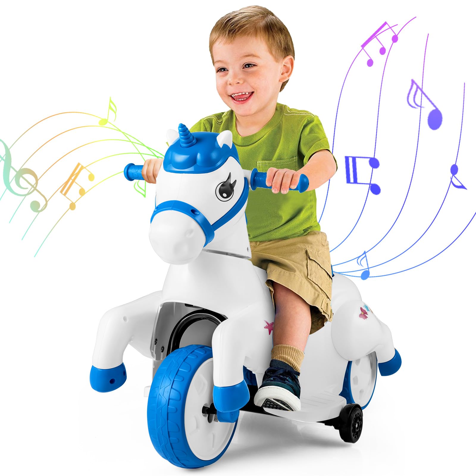 HONEY JOY 12V Unicorn Ride-On Toy for Kids - 3-Wheel Battery Powered Electric Pony Car with Training Wheels, Music & Up/Down Motion - Perfect Birthday Gift for Boys & Girls (Blue) - Great for Indoor Play, Backyard Fun & Preschool Learning Activities