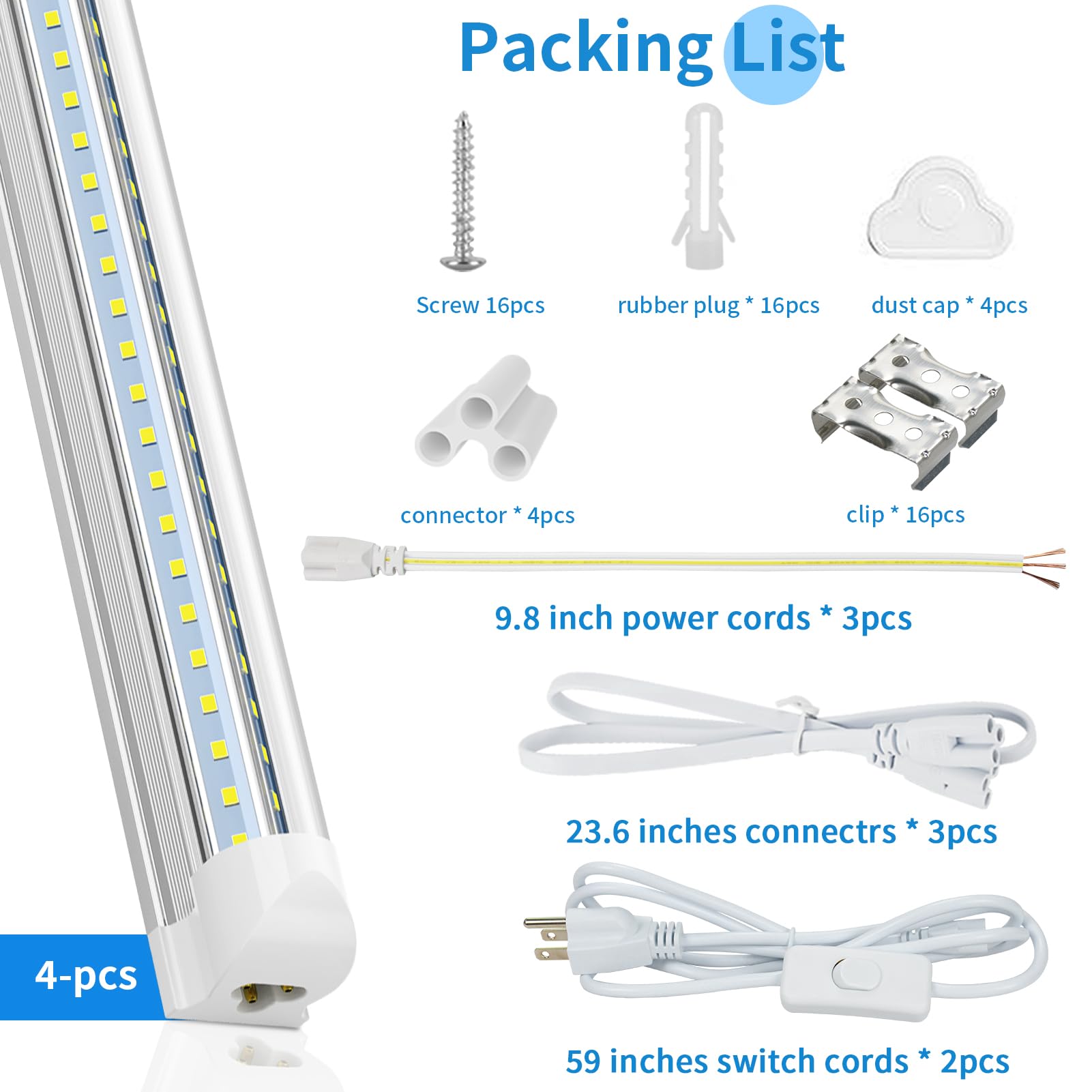 4-Pack Linkable 6FT LED Shop Lights for Garage - 60W T8 Integrated Tube Fixture, 8000LM Daylight White (6000K), V-Shape Clear Lens, Plug & Play - Perfect for Basements, Workshops, and Office Lighting