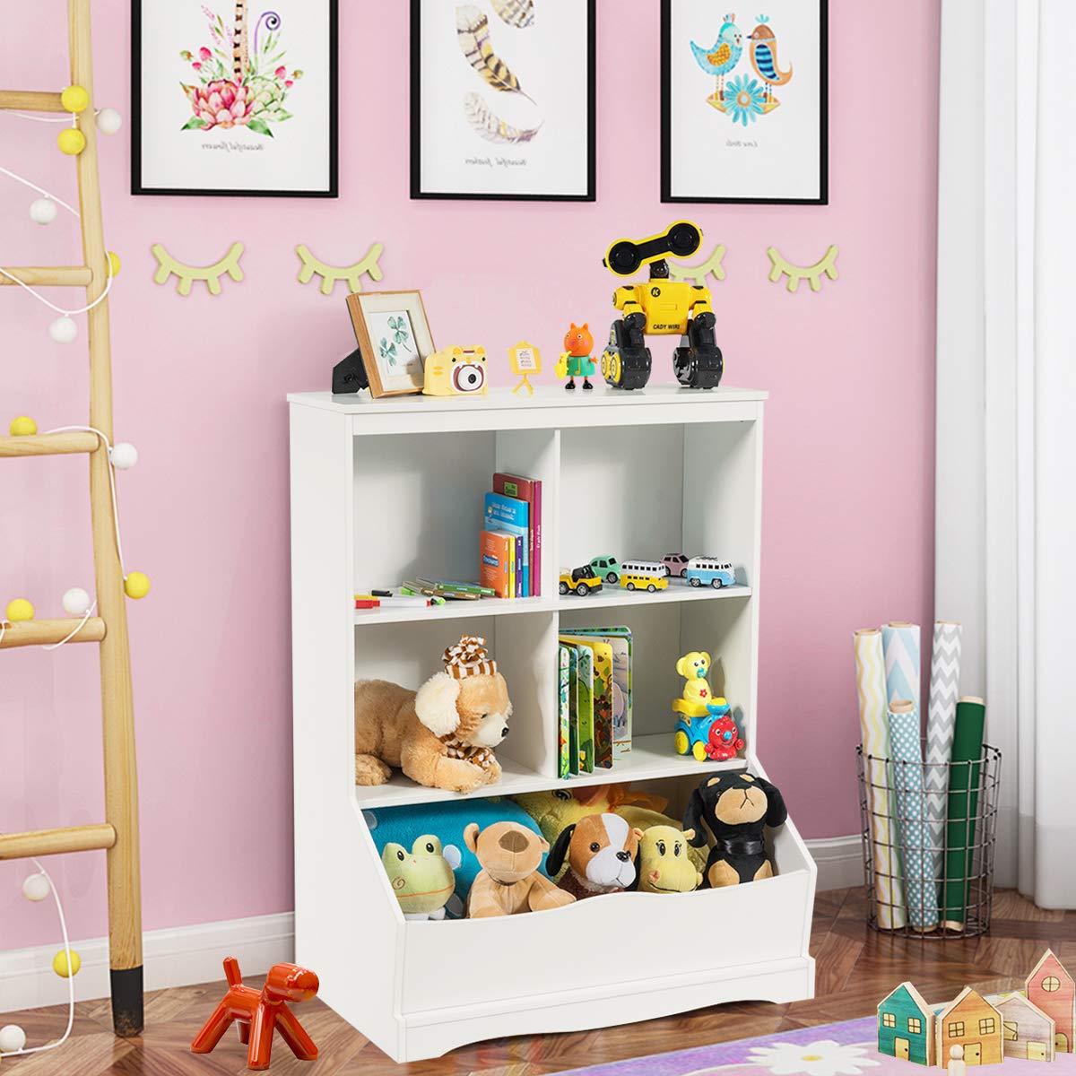 Giantex 3-Tier Wooden Toy Organizer with 4 Storage Bins - Kids Room Storage Cabinet for Books, Toys & Collections - White - Perfect for Nursery, Playroom & Classroom Organization