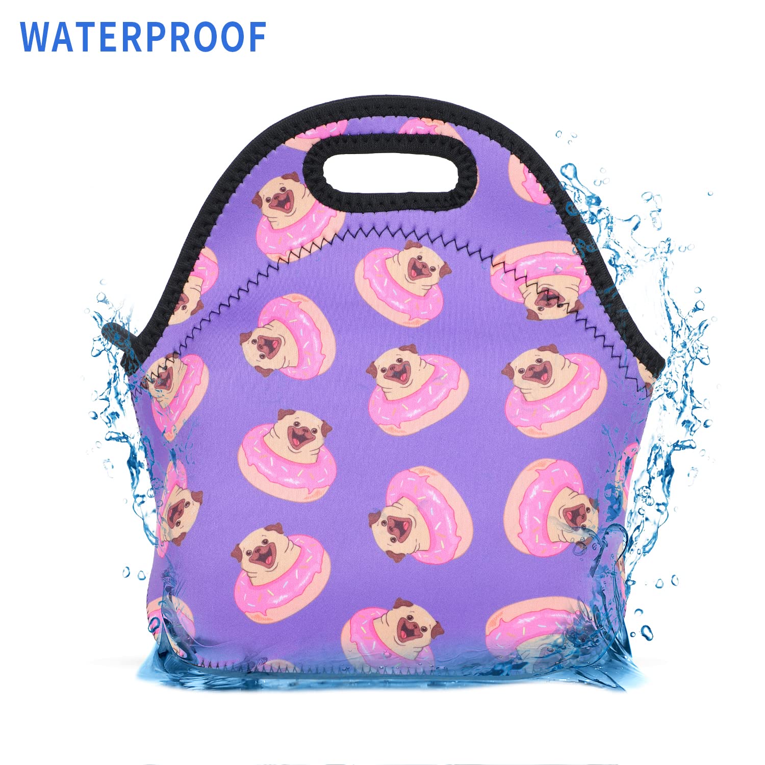 **Violet Mist Insulated Neoprene Lunch Bag for Women & Men - Cute Pug Dog Design, Reusable, Waterproof & Thermal Food Container - Perfect for Work, Travel, Picnics & School - Great Gift for Dog Lovers**