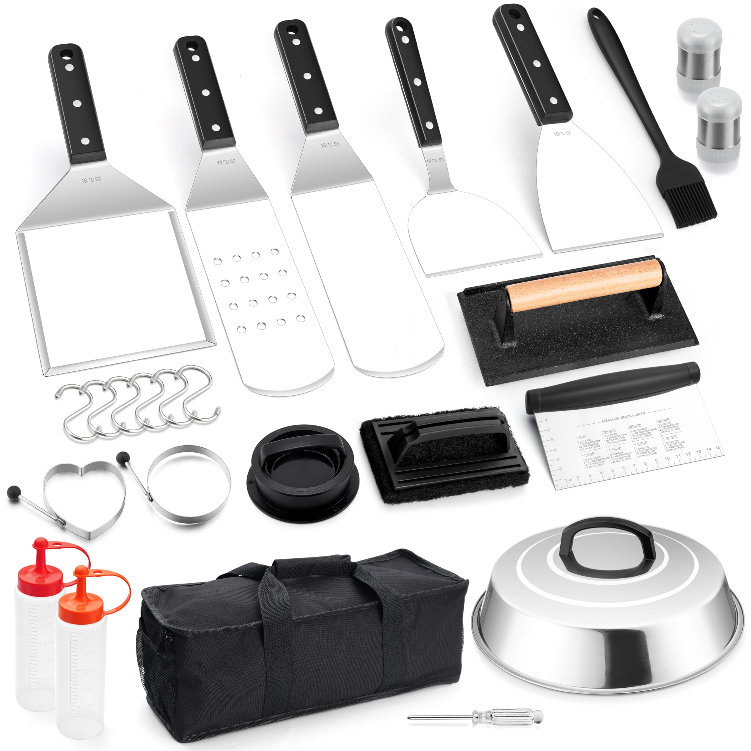 **HaSteeL 25-Piece Griddle Accessories Kit - 18/10 Stainless Steel Flat Top Grill Set with Metal Spatula & Basting Cover - Rust-Free & Dishwasher Safe for Outdoor, Indoor, Teppanyaki, BBQ, Camping & Backyard Cooking**    *(Perfect for Grilling, Searing, Flipping Burgers, Pancakes & Stir-Fry at Home, Tailgates or Picnics!)*