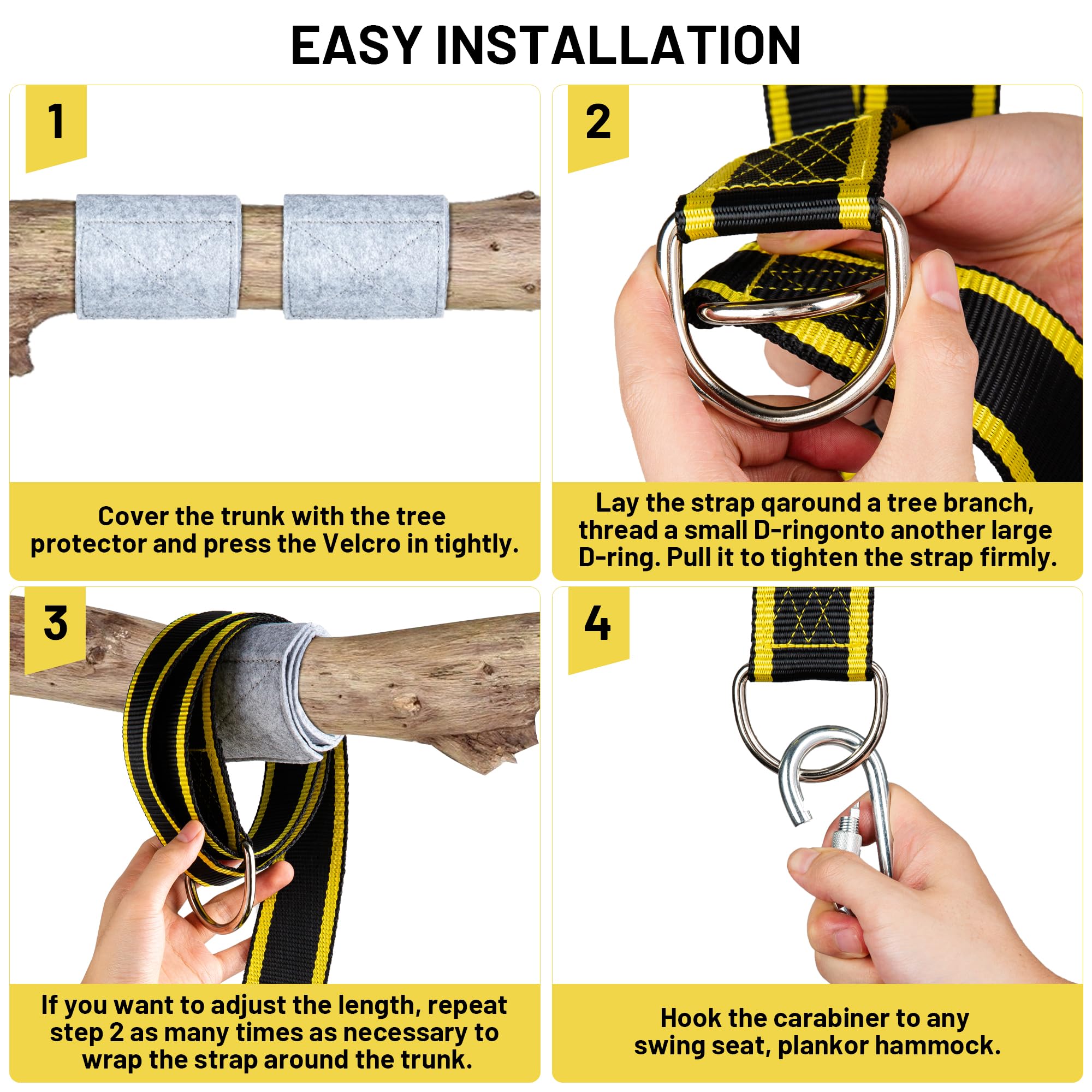 Heavy Duty Tree Swing Straps Kit - 3000 lbs Capacity with Safety Lock Carabiner & Spinner - 5FT Black/Yellow Tree Protector Straps for Hammocks, Swings & Outdoor Play (Backyard, Park, Camping)