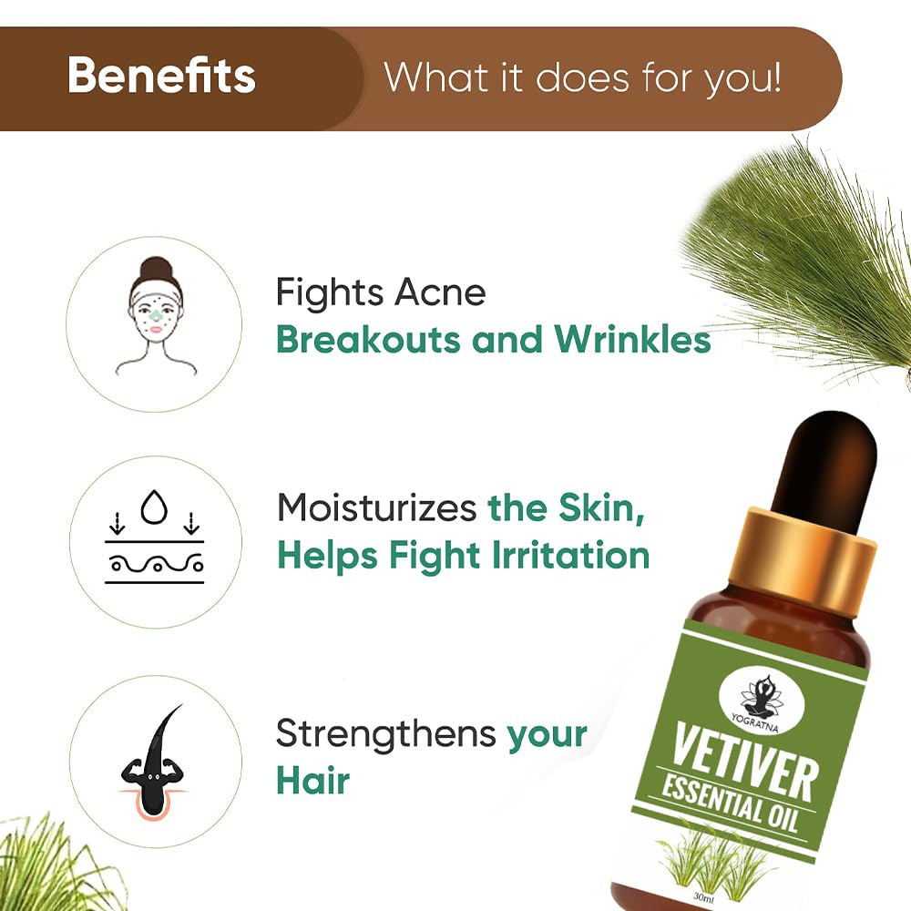 YOGRATNA 100% Pure Vetiver Essential Oil for Hair Growth, Skin Care, Home Fragrance & Soap Making - Natural Aromatherapy Diffuser Oil, Paraben & Sulfate Free, Cruelty-Free Vegan (30ml) - Perfect for Relaxation, Stress Relief & DIY Beauty Products