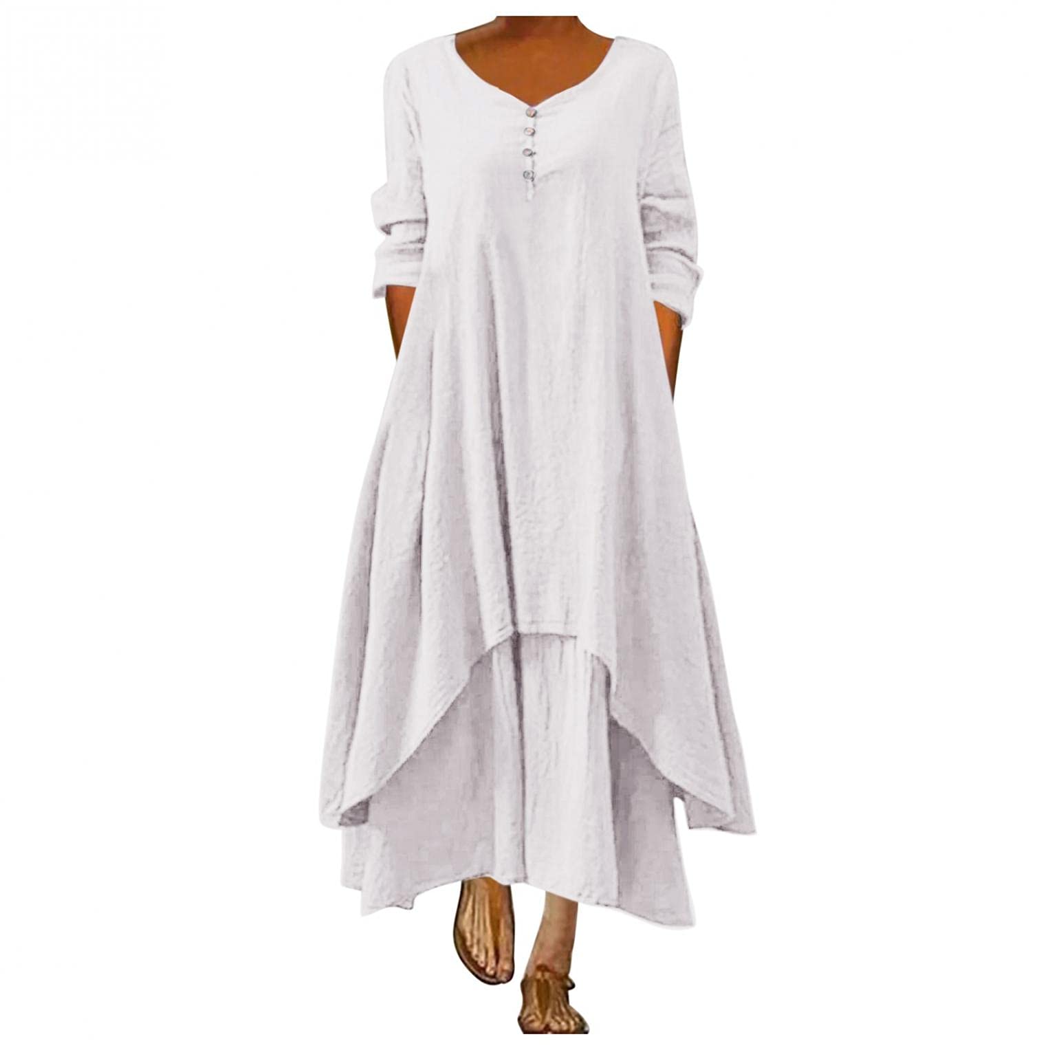 FABIURT Women's Bohemian Flowy Long Sleeve Summer Dress - Solid Color Button Down Party Maxi Dress for Casual Outings, Beach Vacations & Special Occasions