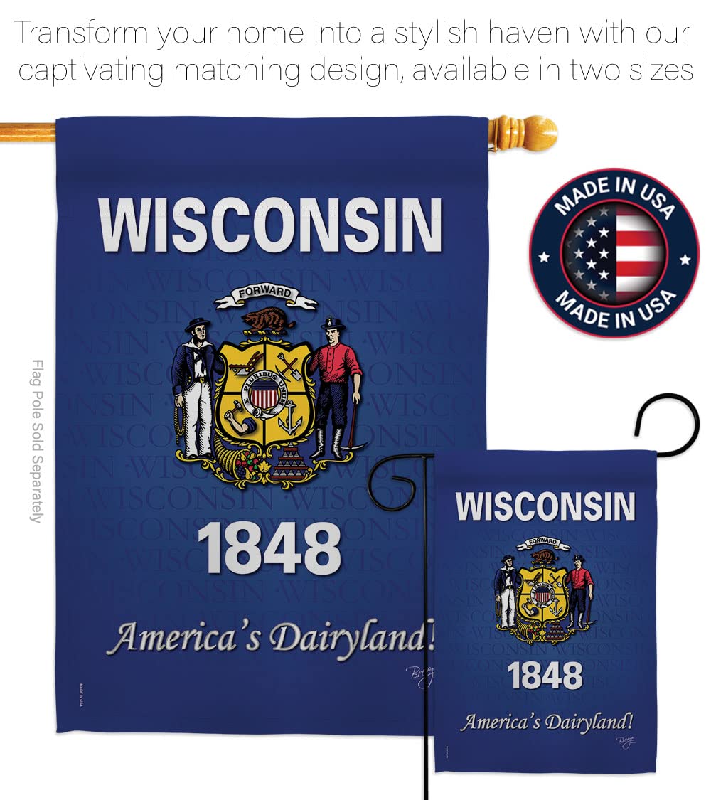 Wisconsin Americana House Flag Set - 28x40 Inch w/Flagpole for Outdoor Decor