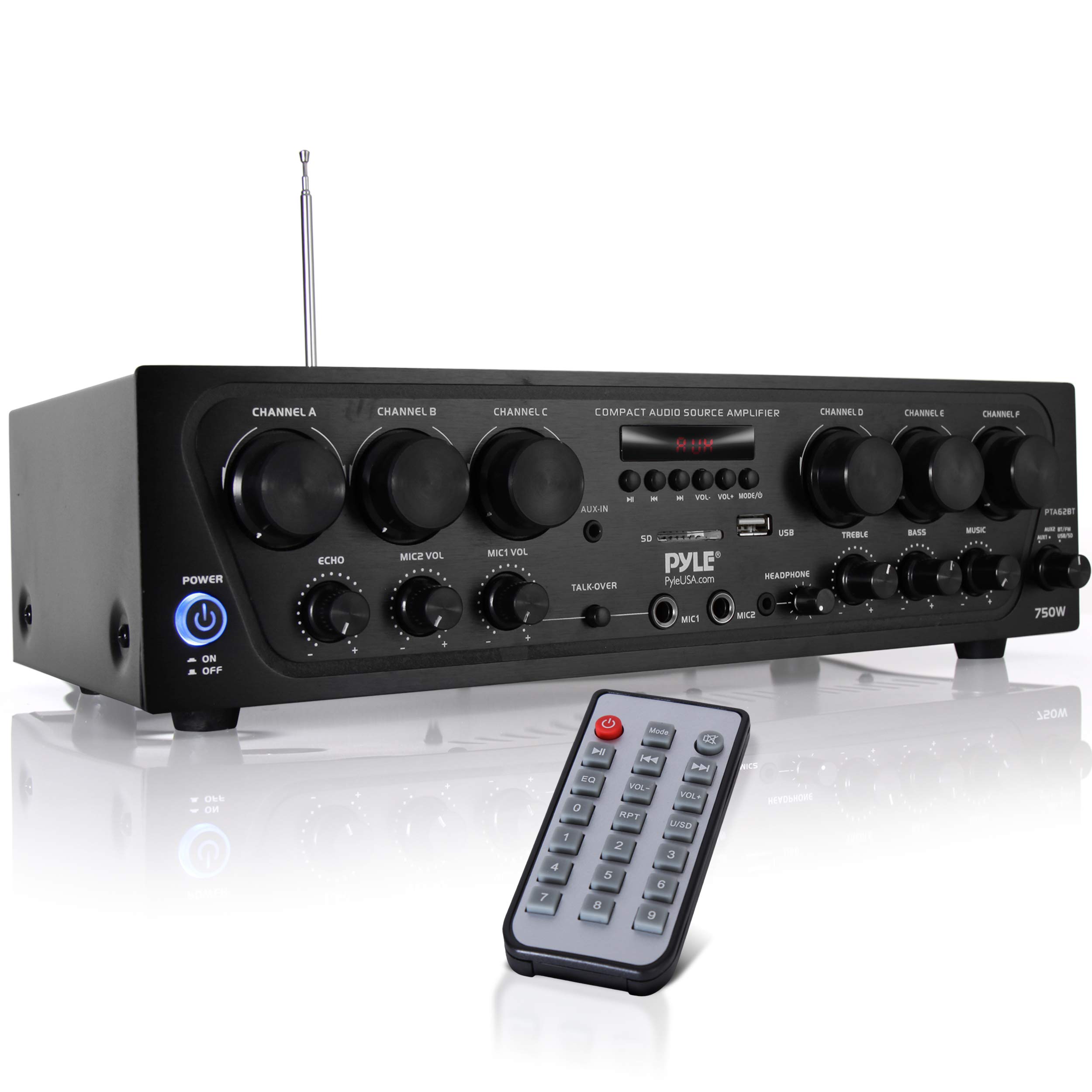 Pyle Wireless Bluetooth Home Audio Amplifier System - 750W 6-Channel Stereo Receiver with 3-Way Mini Speakers, USB, Micro SD, Headphone & Dual Mic Inputs with Echo - Perfect for Home Theater, Karaoke & Party Sound System