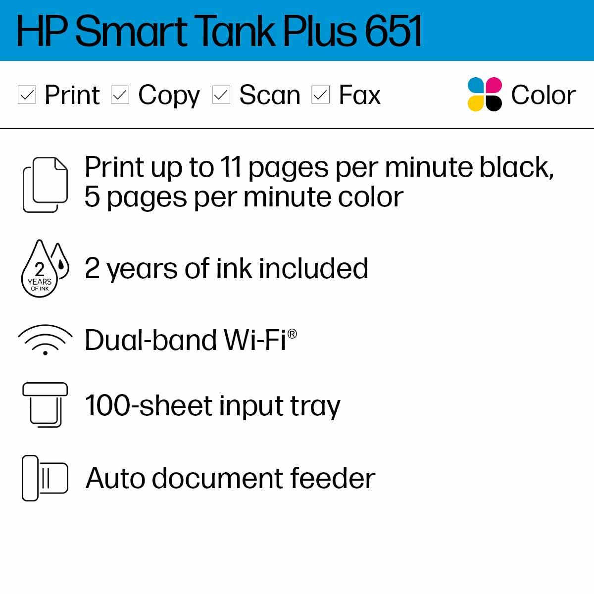 HP Smart-Tank Plus 651 Wireless All-in-One Ink-Tank Printer with 2 Years of Ink Supply - Auto Document Feeder, Mobile Printing, Scanning, Copying - Alexa Compatible (7XV38A) - Perfect for Home Office, Small Business & Remote Work