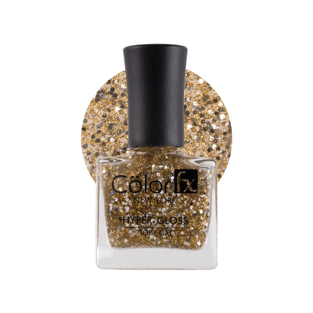 Color Fx New York Hyper-Gloss Top Coat - Non UV Gel Nail Polish for Women | Transparent & Gold Glitter Finish | 21 Toxin-Free, Long-Lasting Clear Nail Paint (9ml) | Perfect for Manicures, Pedicures & Nail Art