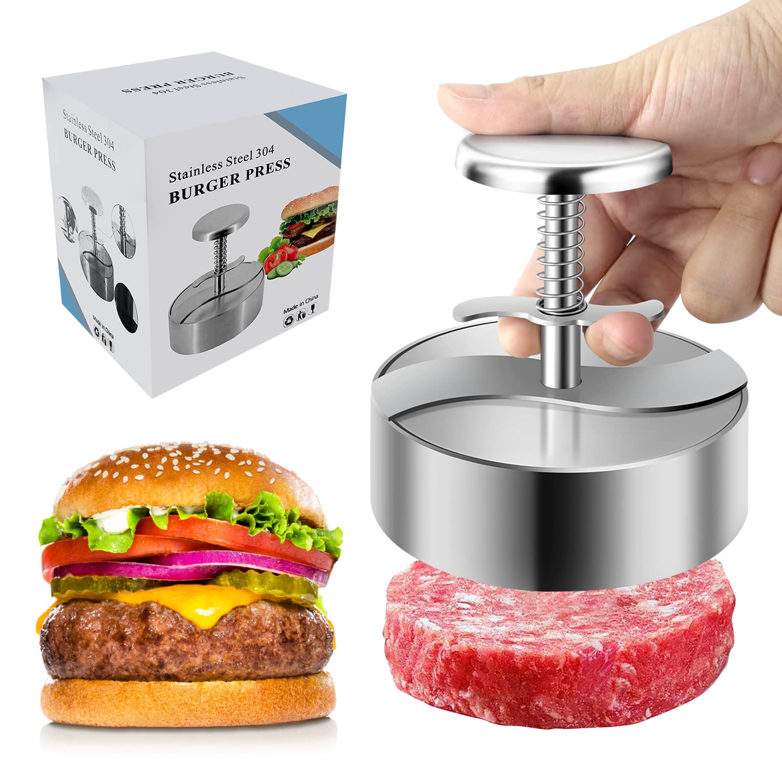 **Stainless Steel Burger Press - Adjustable Hamburger Patty Maker for BBQ & Cooking | 304 Non-Stick & BPA-Free Meat Press for Beef, Burgers & Homemade Hamburgers | Perfect for Grilling, Picnics & Backyard Parties**