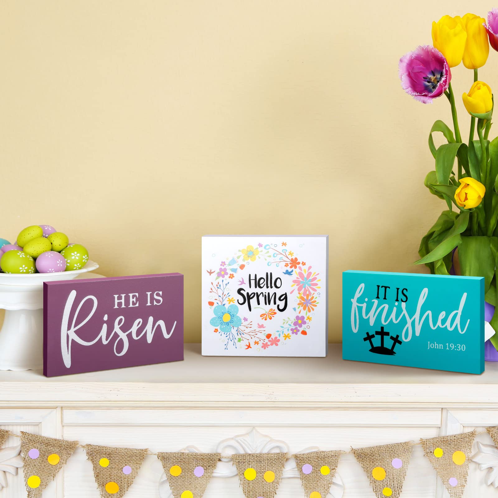 3-Piece Easter 'He Is Risen' Wooden Tiered Tray Decor Set - Spring Table Centerpiece, Farmhouse Home Decor for Easter Party, Holiday Celebration & Seasonal Display