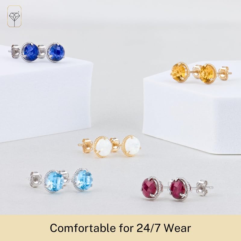 14K White or Yellow Gold Roped Halo Gemstone Round Stud Earrings for Women - 6mm Birthstone Jewelry with Push Backs by MAX + STONE | Perfect Gift for Birthday, Anniversary & Special Occasions