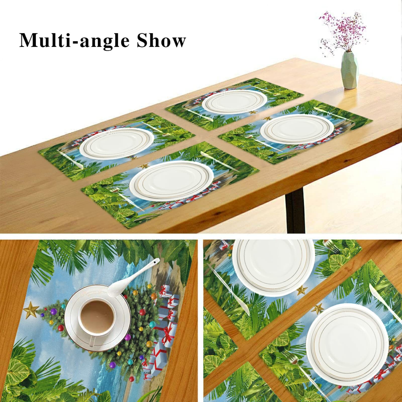 WIHVE 6-Pack Polyester Placemats - Tropical Palm Leaf & Christmas Tree Design Waterproof Table Mats for Dining, Kitchen, Beach Party, Holiday Decor, Indoor and Outdoor Use