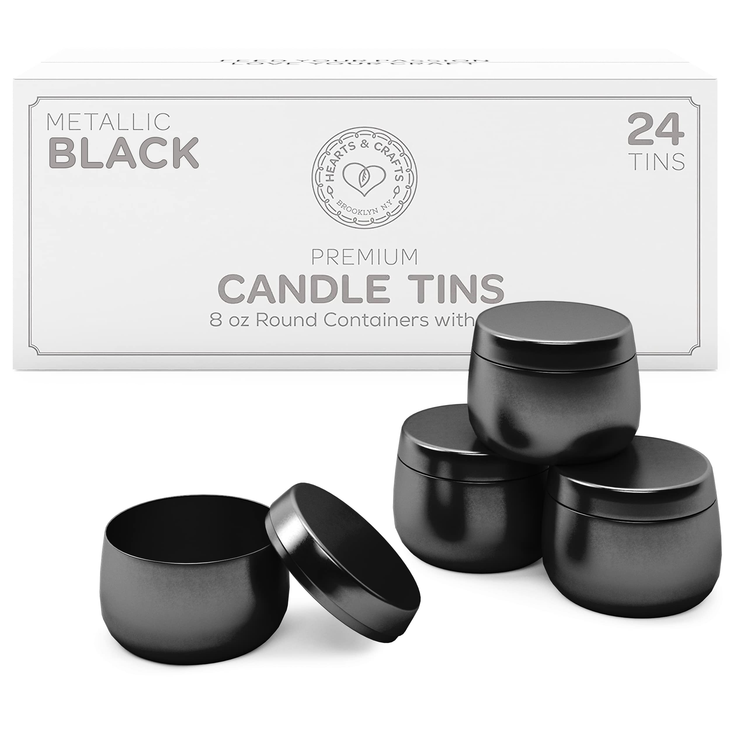 Hearts & Crafts 8 oz Black Candle Tins with Lids - 24-Pack Bulk Empty Candle Containers for DIY Candles, Arts & Crafts, Storage, Wedding Favors, Party Decorations - Perfect for Home, Office, and Gift Giving