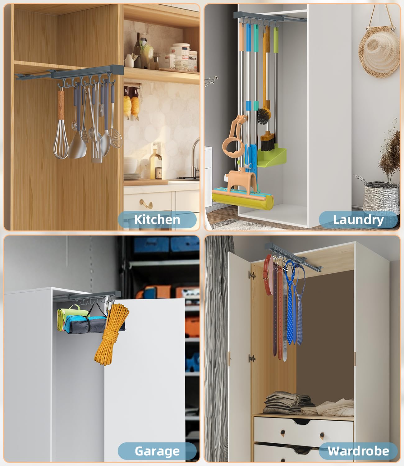 Adjustable Double Row Sliding Hook Broom & Mop Holder - Multifunctional Pull Out Storage Organizer for Garage, Closet & Laundry Room - Dark Grey (36cm) - Perfect for Space Saving Home Organization