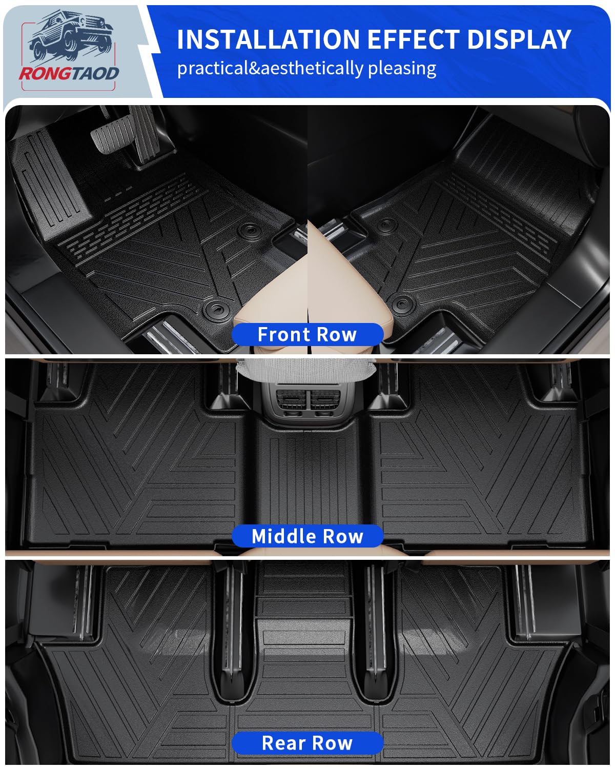 **Rongtaod Custom Fit Floor Mats for 2024-2025 Toyota Grand Highlander 7 & 8 Seats - All-Weather Trunk Liner, Cargo Mat, Back Seat Cover Protector - Durable Interior Accessories (Full Set: Trunk Mat with Backrest + Floor Mats) - Perfect for Road Trips, Family Travel & Daily Commute**