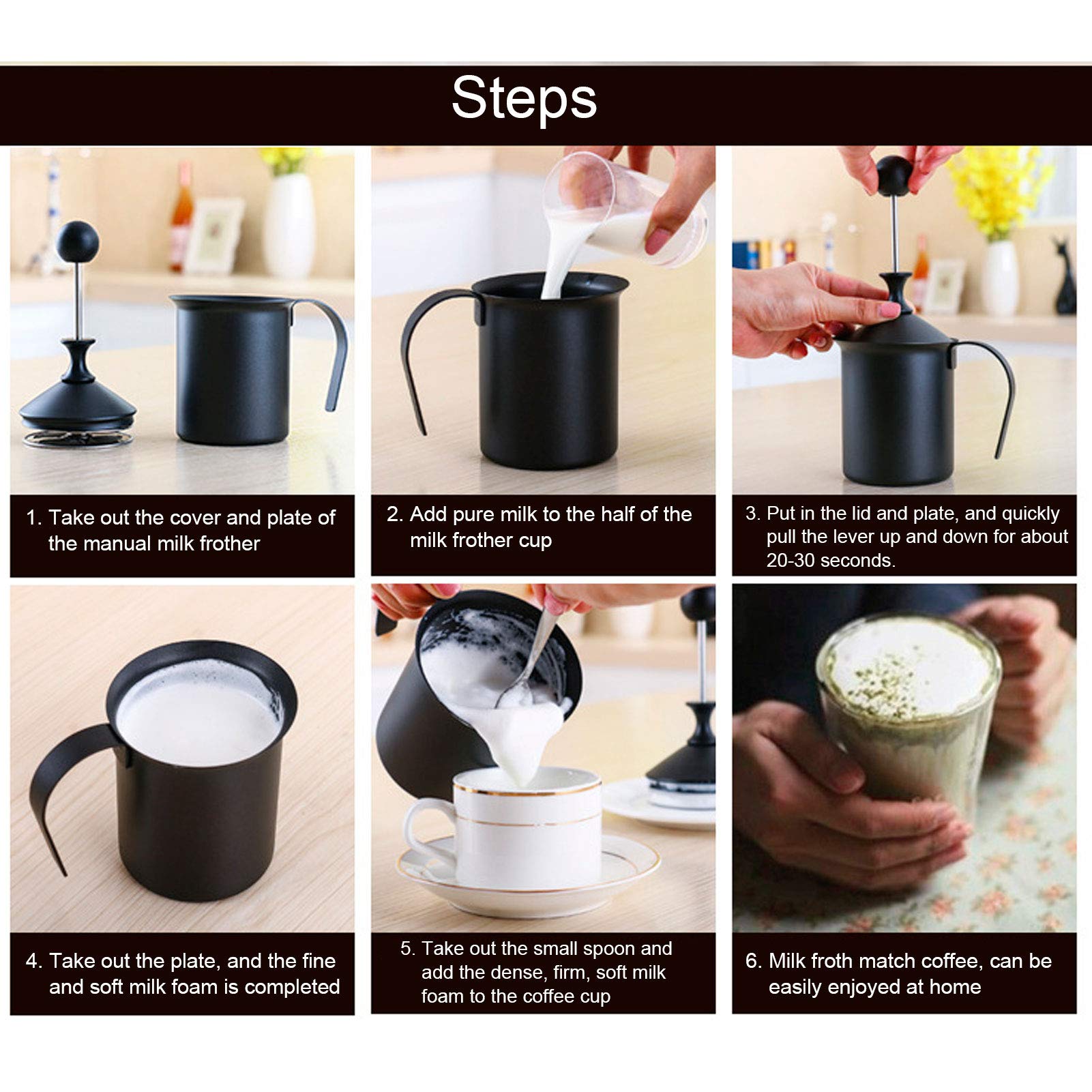 Stainless Steel Manual Milk Frother Hand Pump Creamer - 400ml/13.5oz Handheld Cappuccino Latte Coffee Foam Maker with Lid - Perfect for Home Barista, Coffee Shops & DIY Coffee Lovers