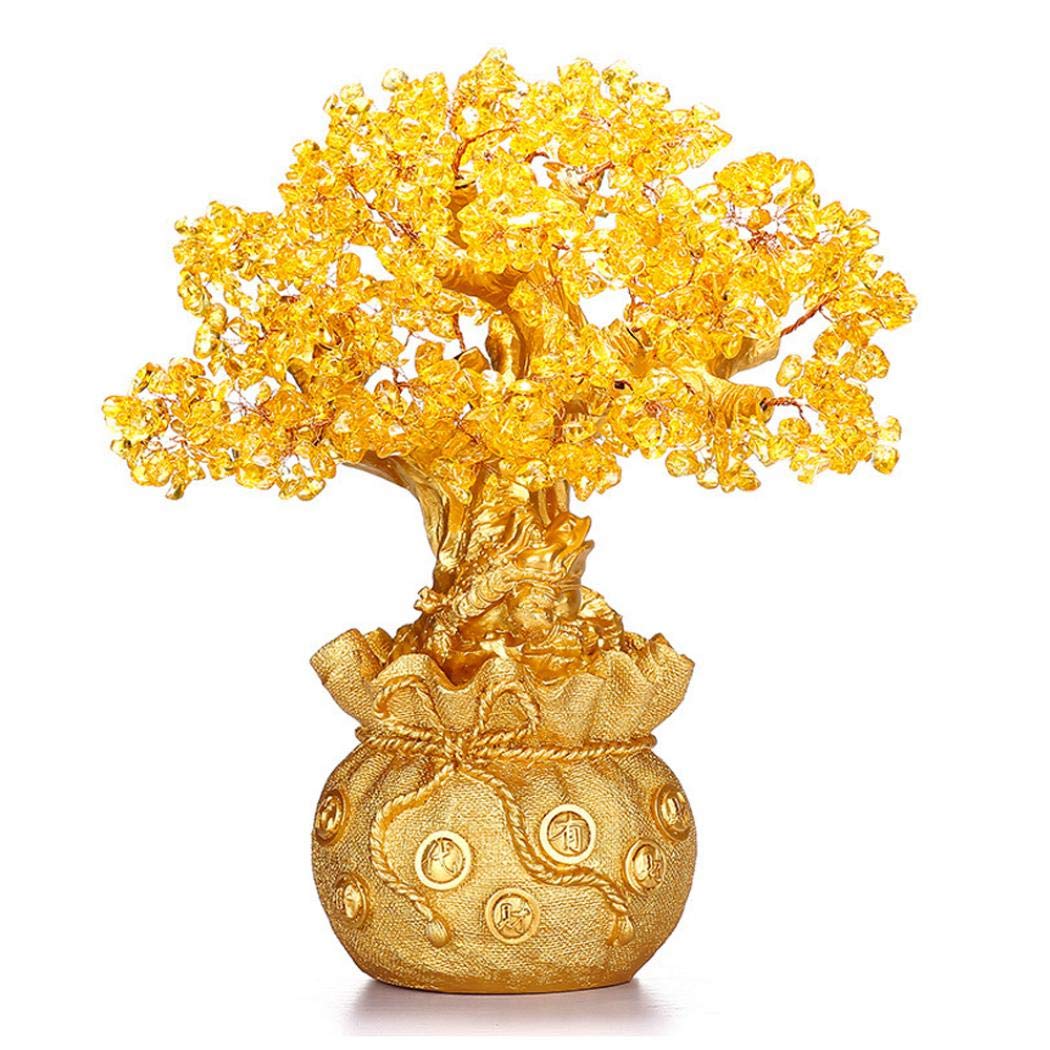 KYIS Feng Shui Money Tree - Natural Crystal Bonsai with Wealth Coins for Home & Office Decor (18x16cm, Includes Base) - Perfect for Desk Decor, Gift Giving & Attracting Prosperity