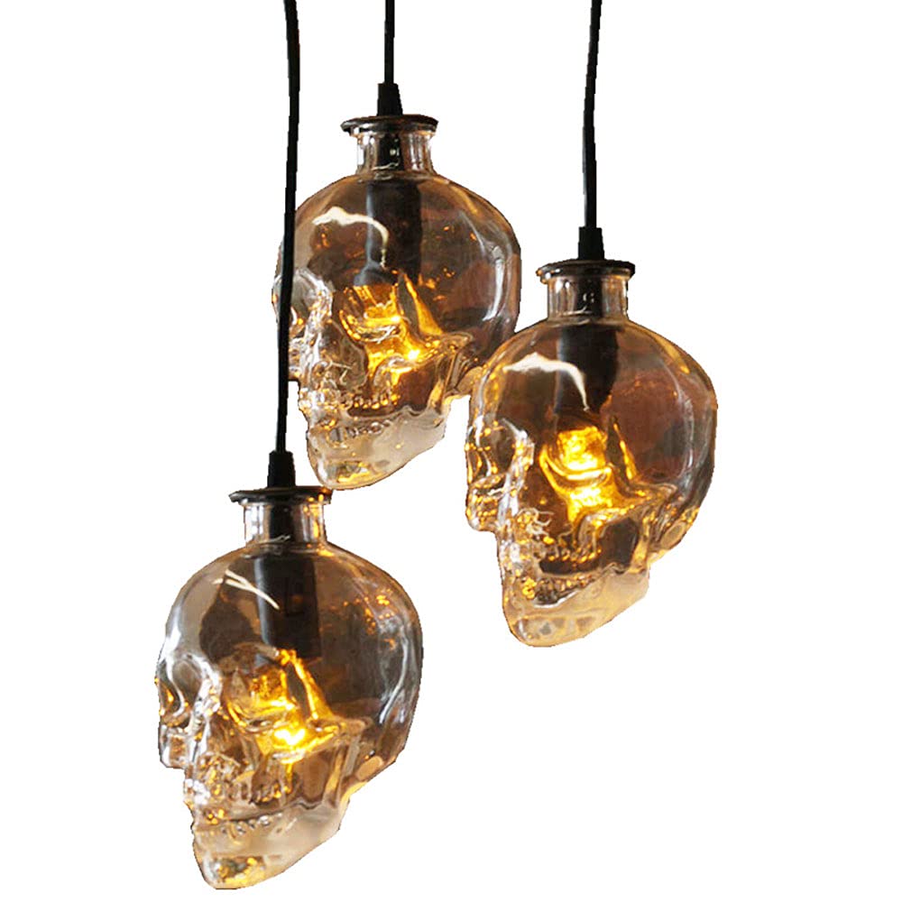 Vintage Skull Pendant Light - Adjustable 3-Light Glass Chandelier for Kitchen Island, Dining Room & Bar | Modern Retro Ceiling Hanging Fixture with Creative Personality Design