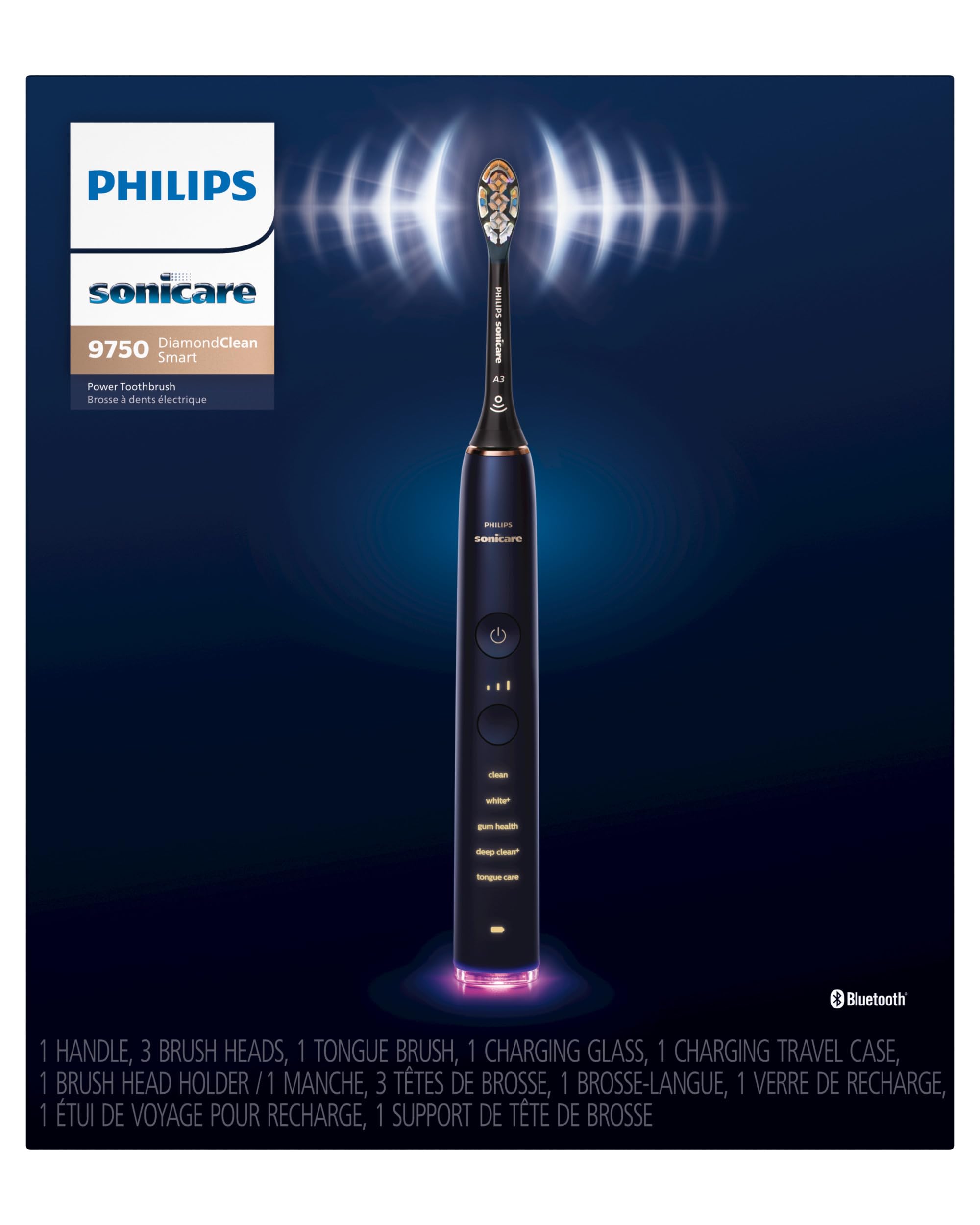 Philips Sonicare DiamondClean Smart 9750 Electric Toothbrush - Sonic Toothbrush with Bluetooth App, Pressure Sensor & Brush Head Detection, 5 Modes & 3 Intensity Levels (Lunar Blue, HX9954/74) | Perfect for Travel, Home Use & Professional Dental Care