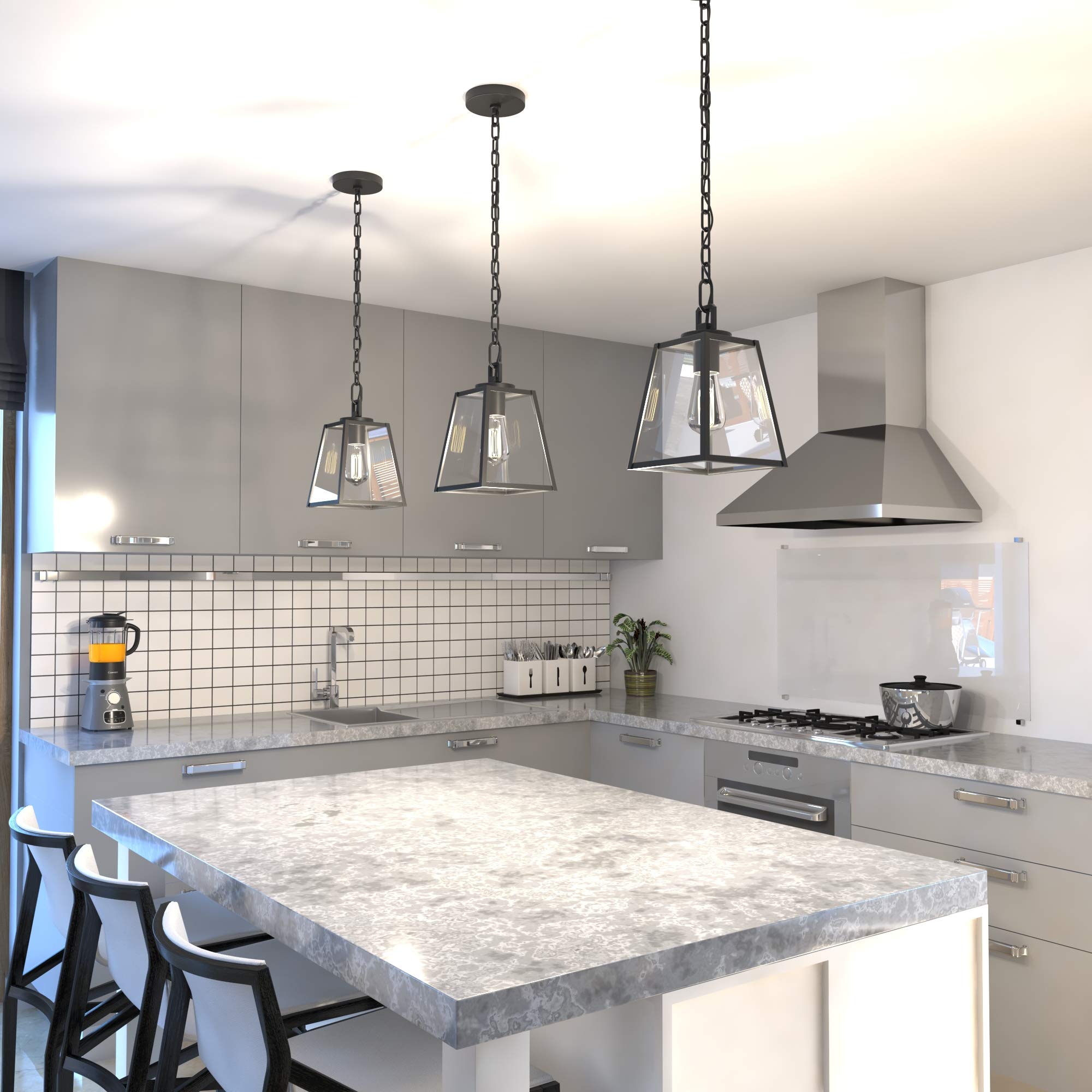 VAXCEL Grant 7-inch Black Farmhouse Mini Pendant Lantern - Indoor/Outdoor Hanging Ceiling Light with Clear Glass Panels - Perfect for Kitchen Island, Dining Room, Porch & Patio Lighting