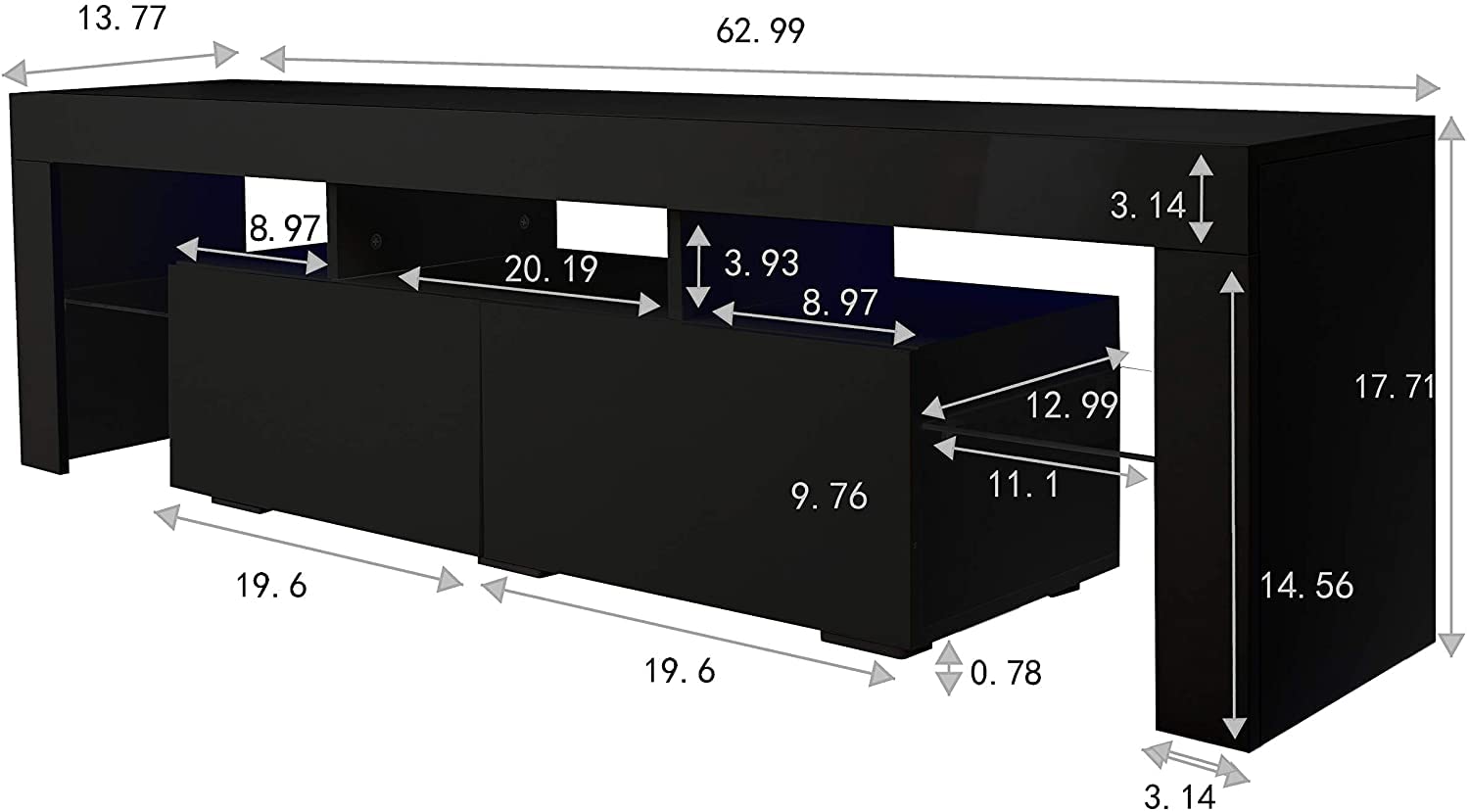 Goujxcy TV Stand Entertainment Center with 20 LED Color Changing Lights - Modern Living Room TV Console Table & Storage Cabinet for 65 Inch TVs (Black) - Perfect for Home Theater Setup & Living Room Organization