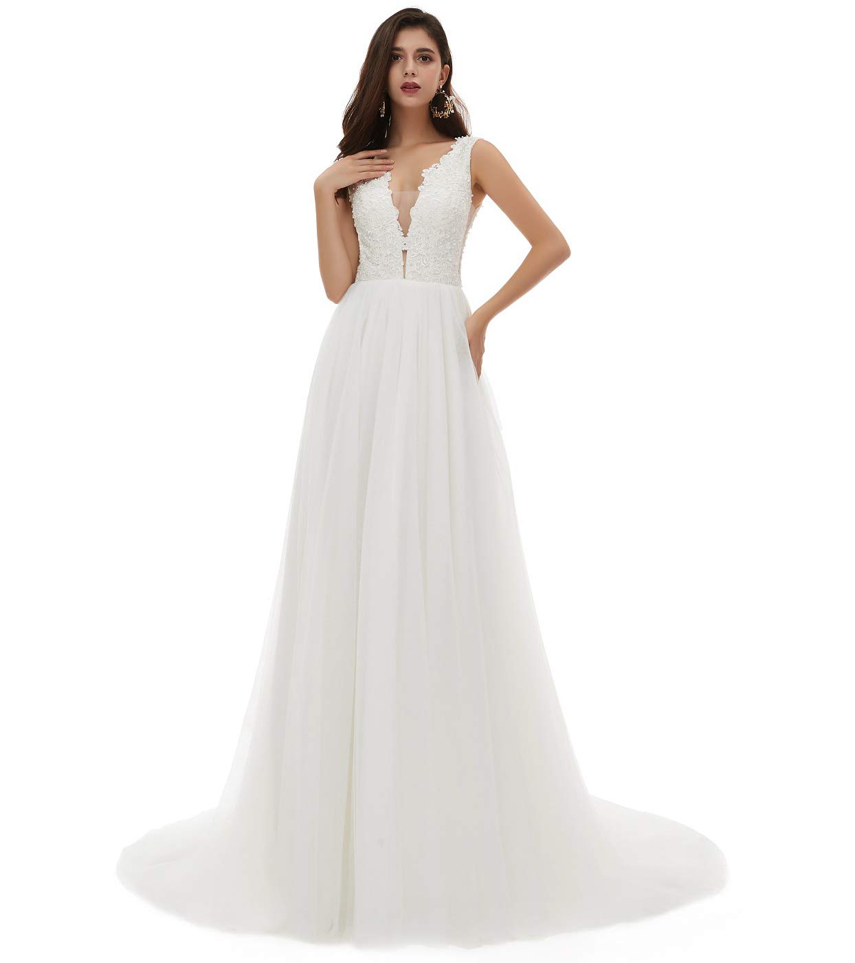 Elegant Women's V-Neck Beaded Lace Applique Wedding Dress for Beach Bridal, Boho Chic Summer Ceremony & Photoshoot