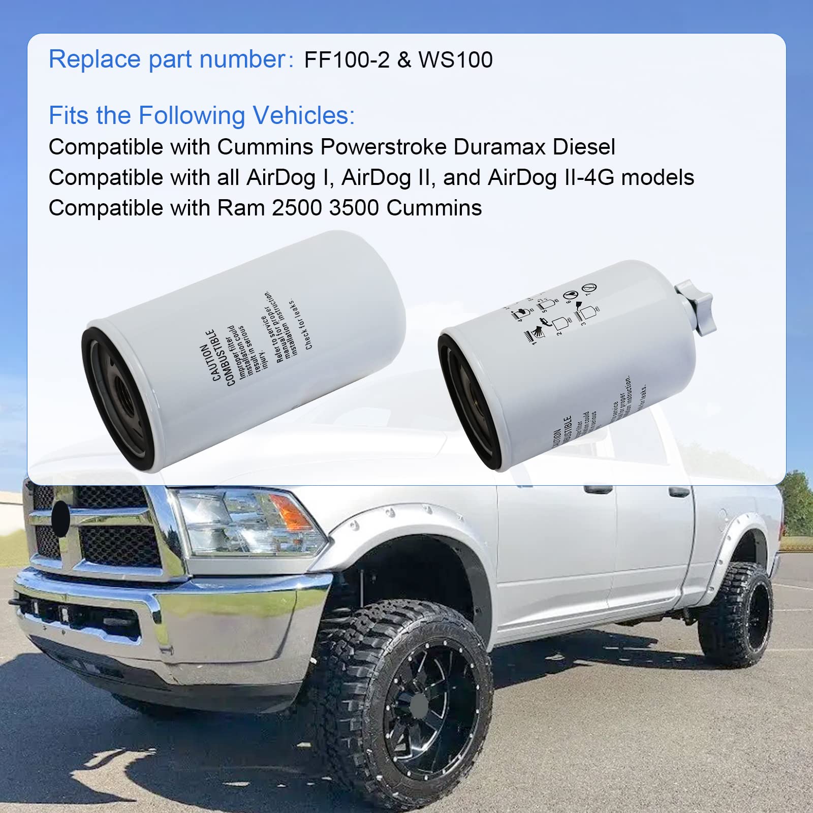 Dodge Ram Cummins Fuel Filter & Water Separator Replacement - FF100-2 & WS100 Compatible - Heavy Duty Diesel Engine Protection for Off-Road & Towing
