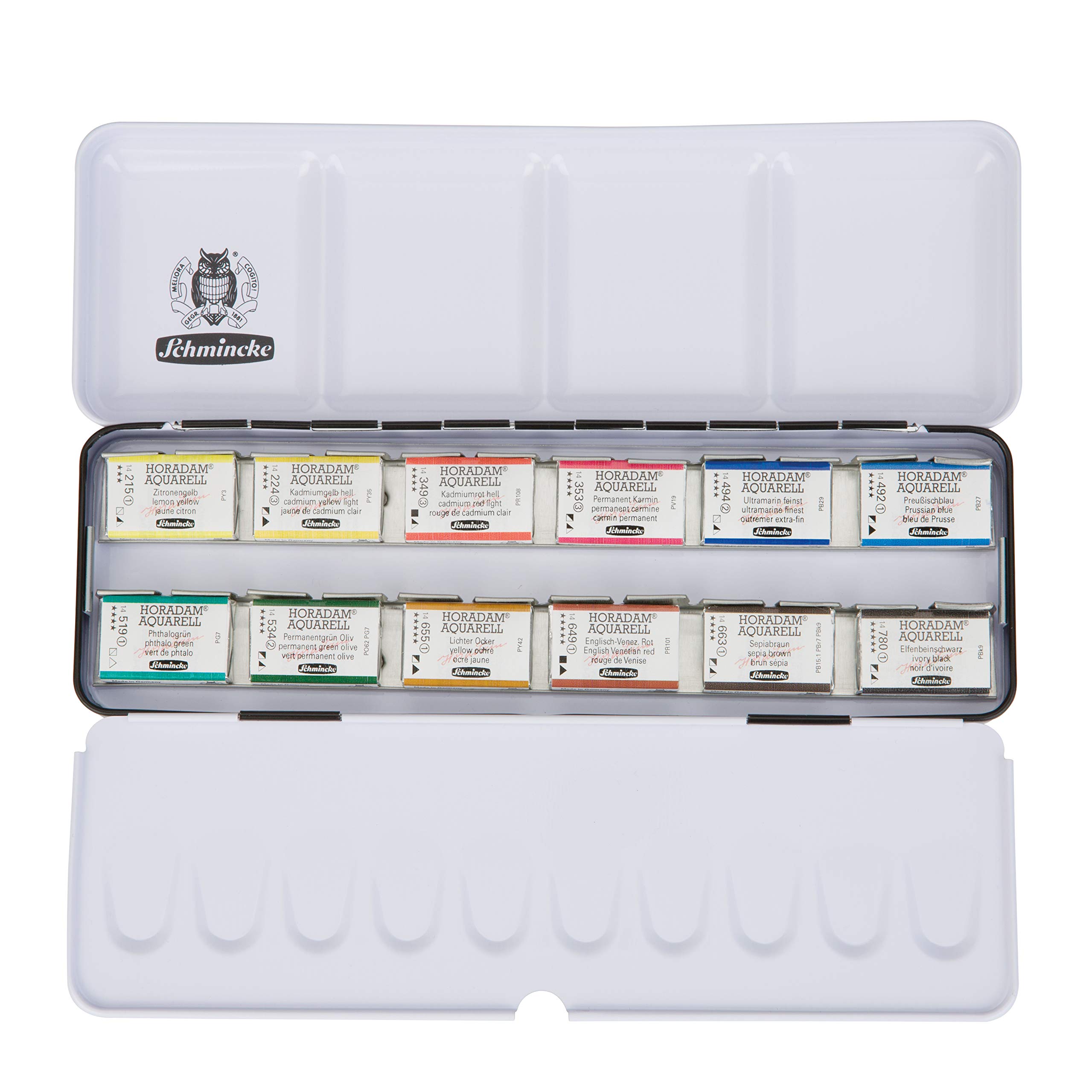 Schmincke HORADAM AQUARELL Premium Watercolor Set - 12 Finest Artist Watercolors in Metal Box (74312097) | Professional Painting Kit with 12 x 1/1 Pans | Ideal for Studio Art, Outdoor Sketching & Watercolor Techniques