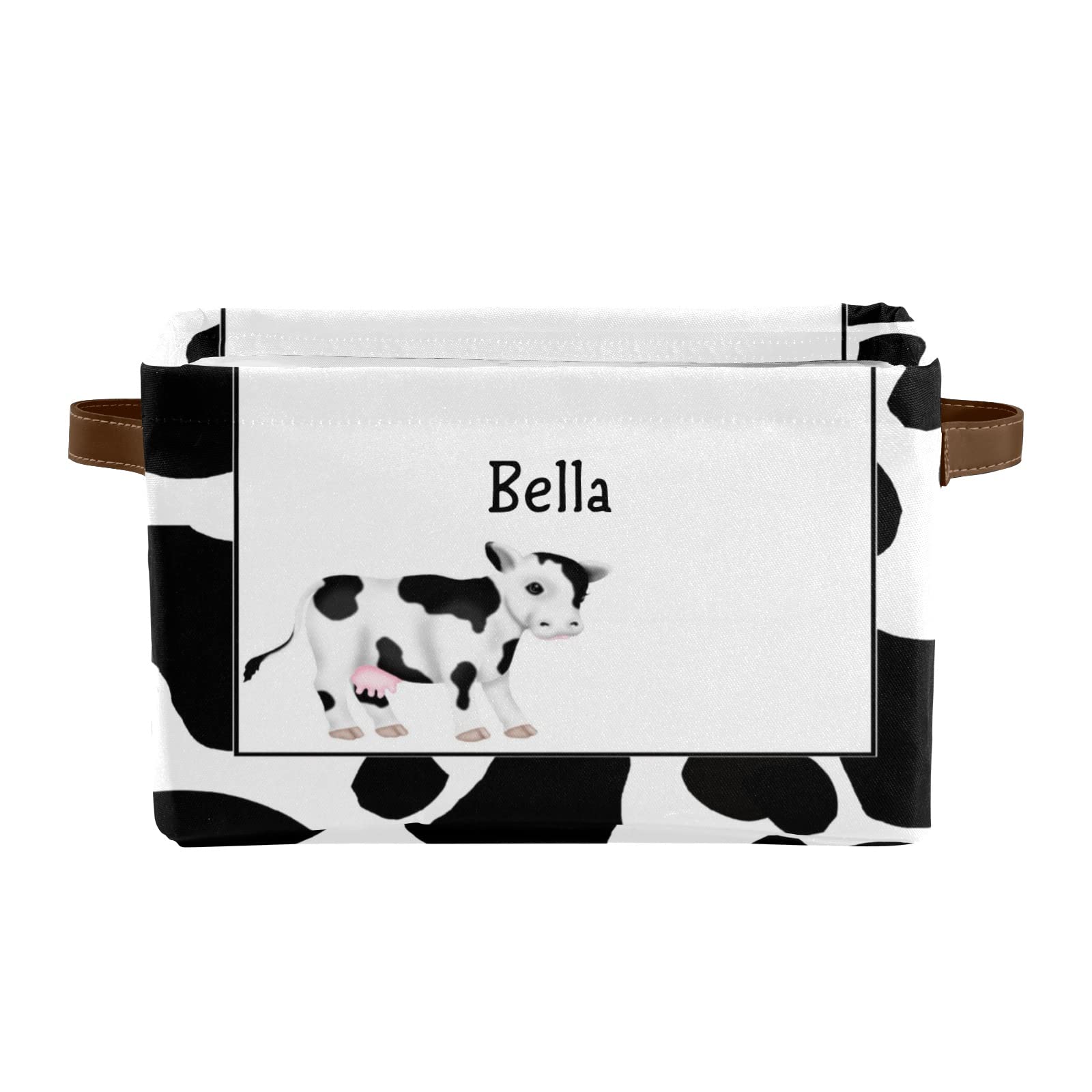 Personalized Name Text Cow Print Storage Baskets - 4 Pack Rectangular Home & Kitchen Organizer Bins for Toys, Blankets, Laundry, and More | Cute Animal Print Decor for Nursery, Bathroom, or Living Room
