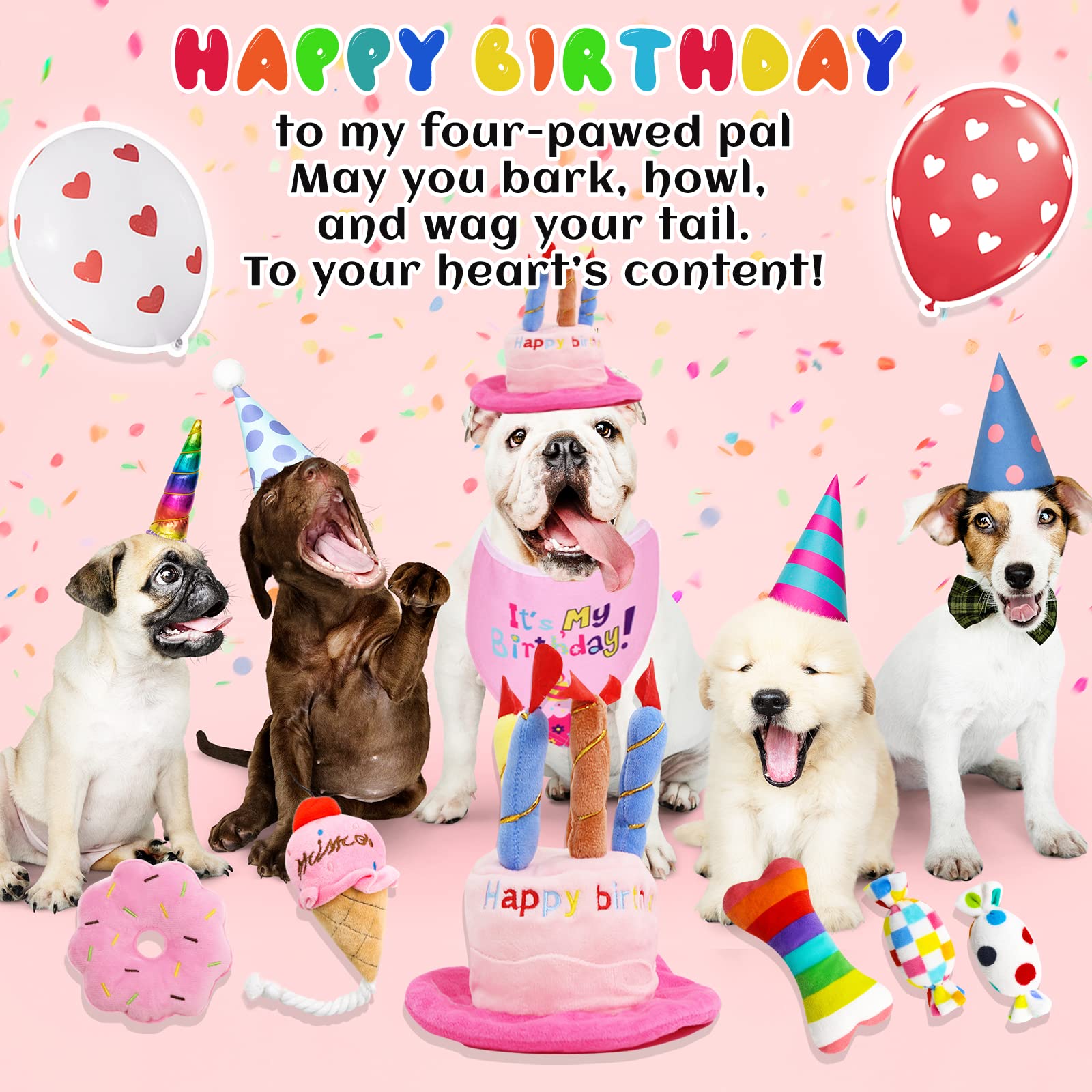 Happy Birthday Dog Toys - 9 Pack Pink Squeaky Plush Birthday Cake Hat & Bandana Set for Small & Medium Dogs | Perfect for Dog Birthday Parties, Puppy Celebrations & Gift Giving Occasions