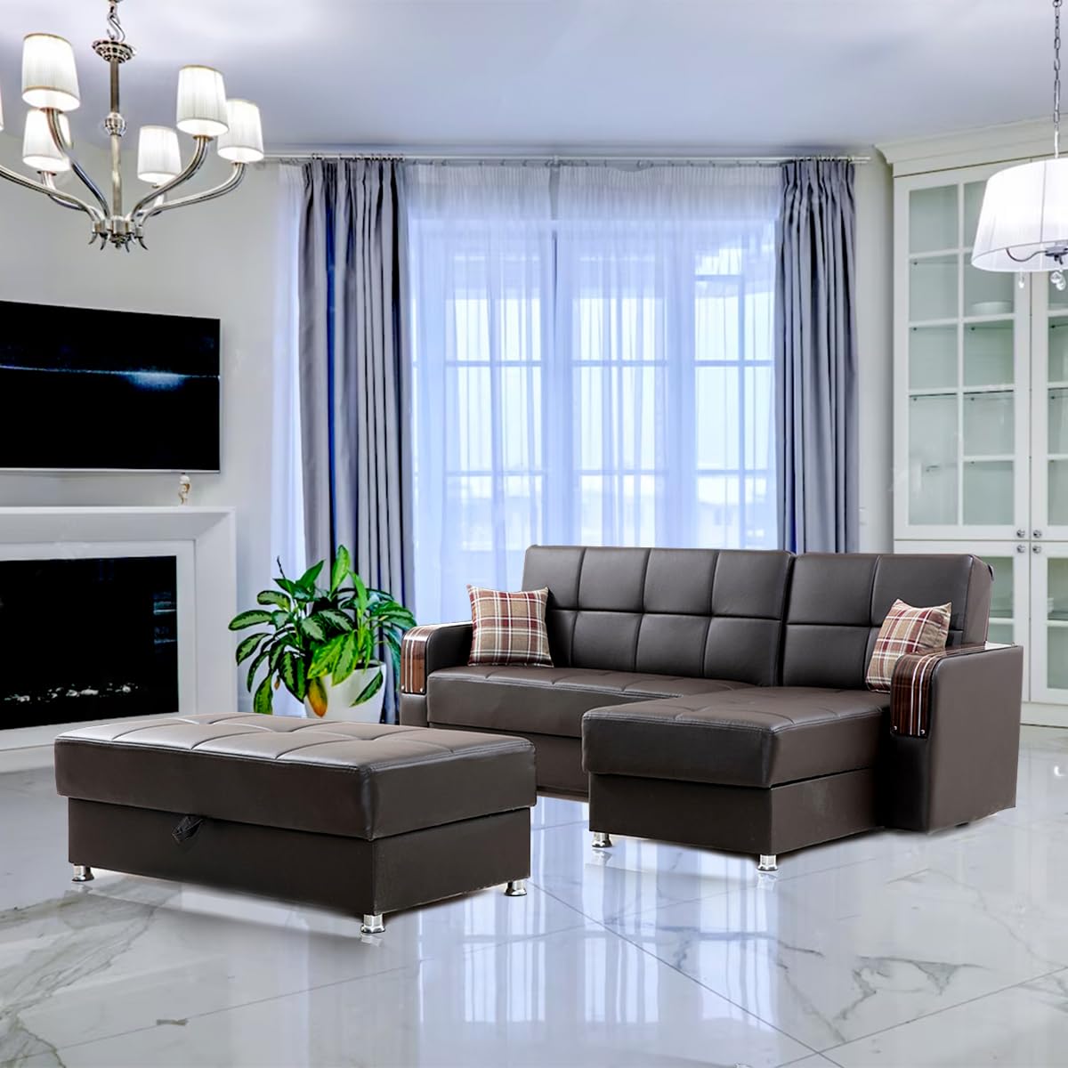 London Reversible Sectional Sofa Bed - Pull-Out Convertible Mid-Century Futon Couch for Living Room, Bedroom & Small Spaces - Brown Modern Sleeper Sofa | Perfect for Apartments, Guest Rooms & Home Offices
